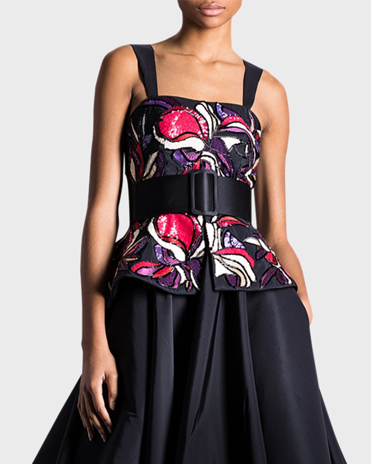 Naeem Khan Faille Floral-embroidered Peplum Top In Black Multi