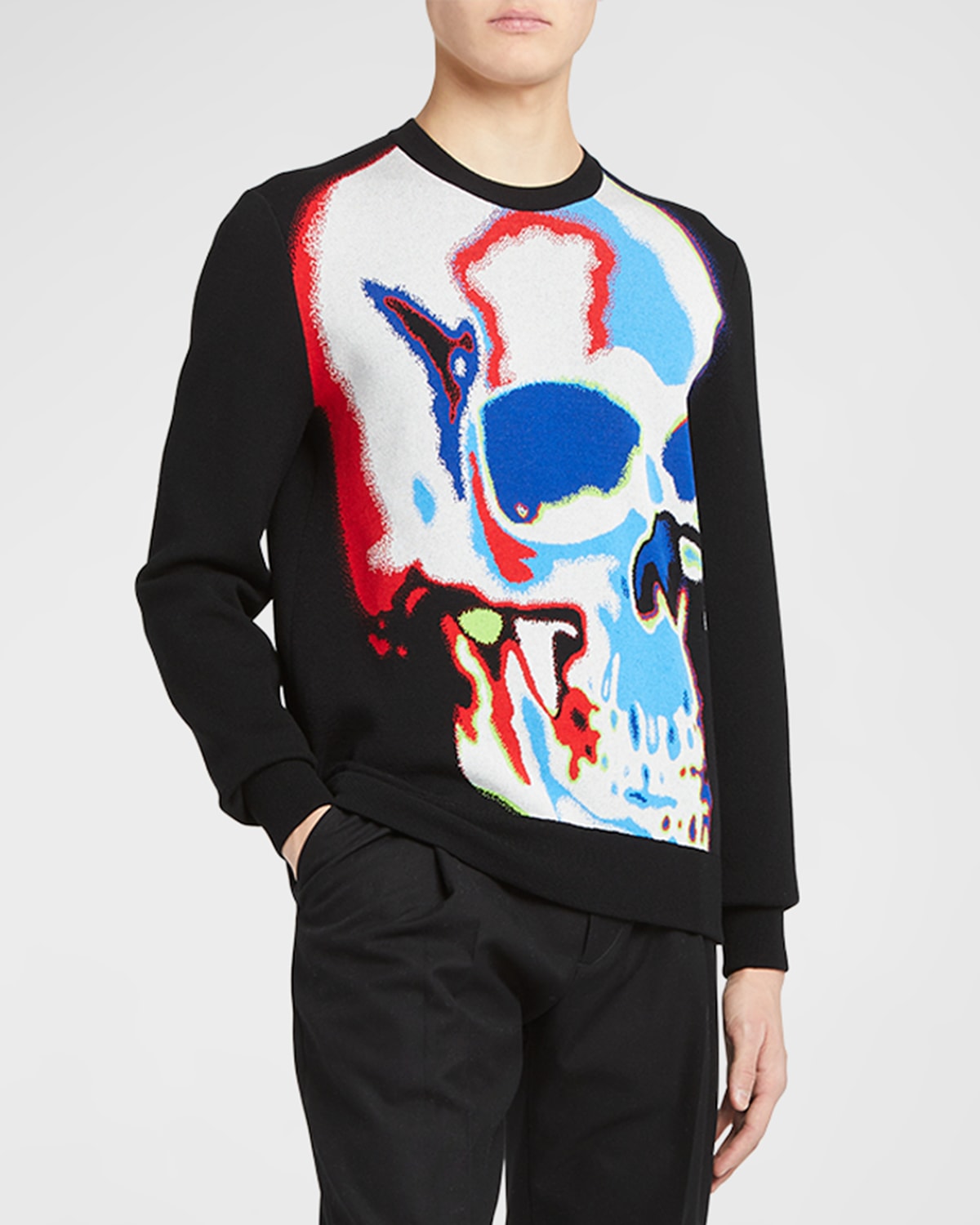 Alexander Mcqueen Black Crewneck Sweatshirt With Multicolor Jacquard Skull In Wool Blend Man In Black Blue