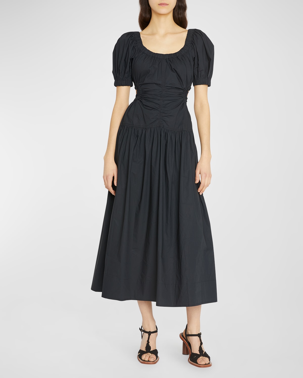 Shop Ulla Johnson Golda Puff-sleeve Cotton Poplin Midi Dress In Noir
