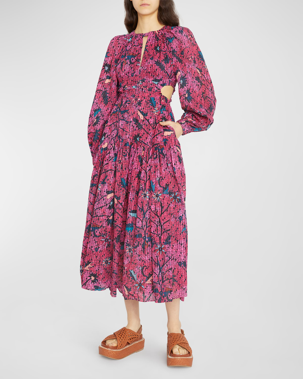 Ulla Johnson Helia Floral Cutout Long Sleeve Cotton Blend Dress In Snapdragon
