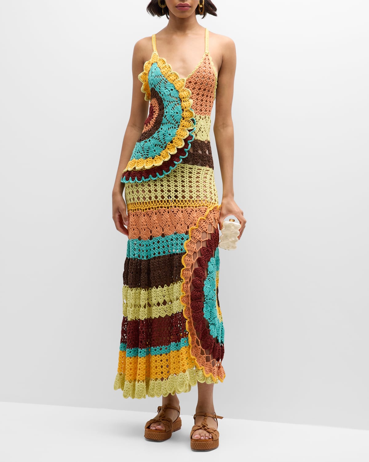 Isolda Multicolor Cotton Crochet Sleeveless Midi Dress