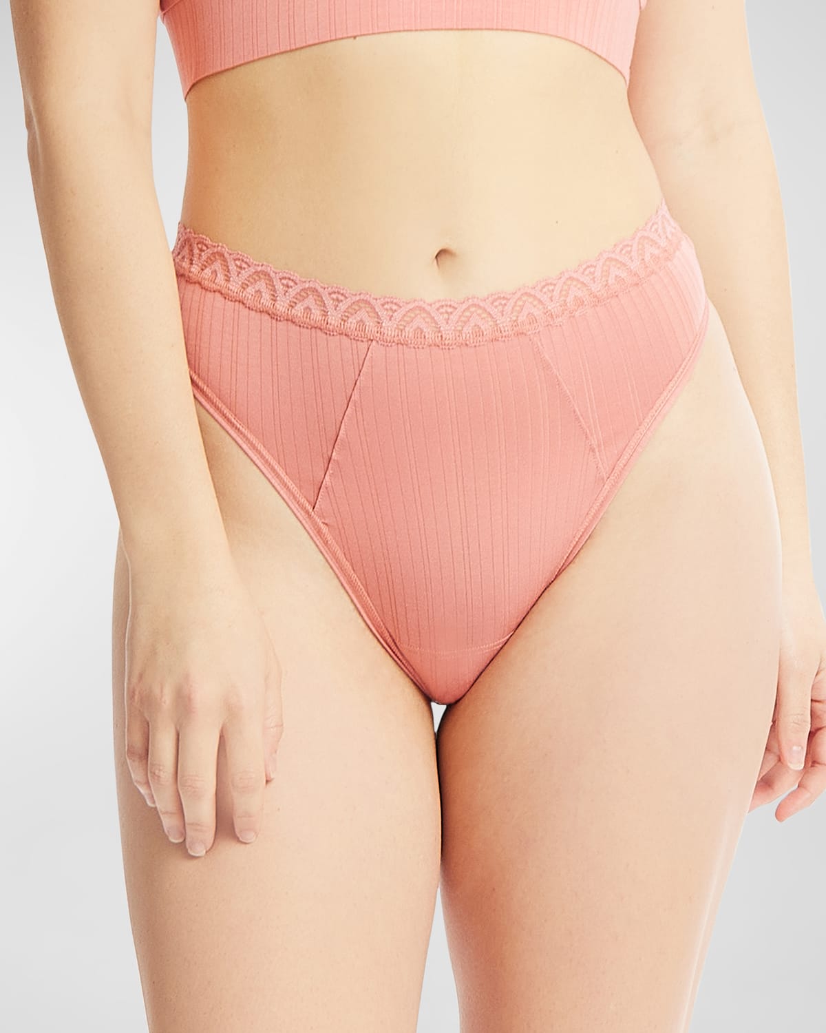 Hanky Panky Ribbed High-cut Lace-trim Thong In Antique Rose Pink