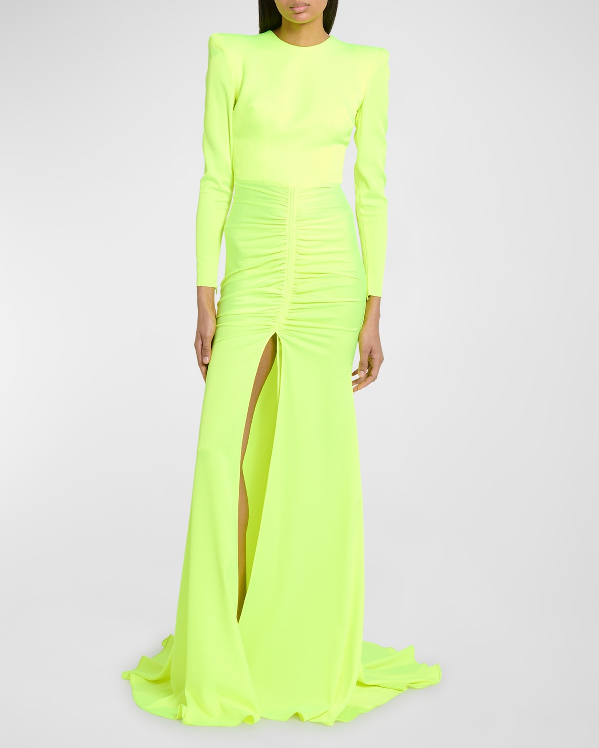 ALEX PERRY TORRIN STRONG-SHOULDER RUCHED SLITS SATIN CREPE GOWN