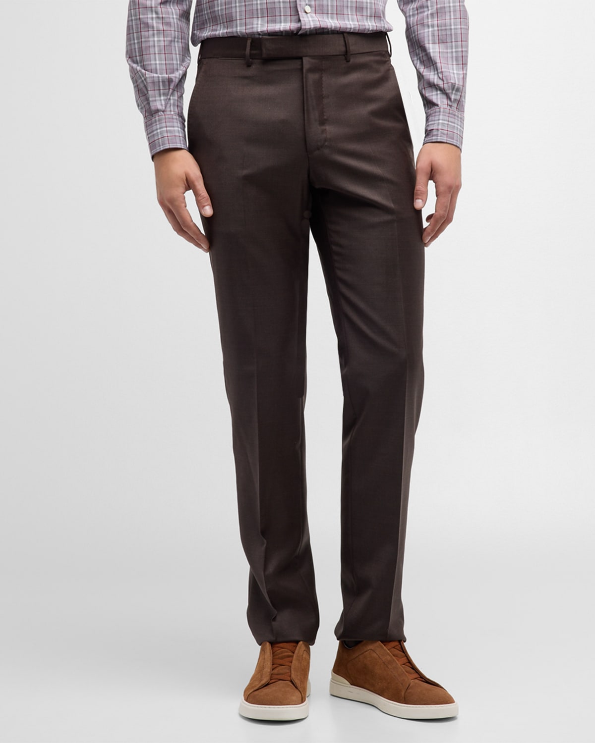 Shop Zegna Men's Flat-front Wool Pants In Dark Brown Solid