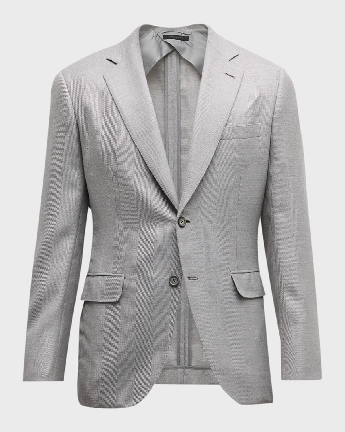 Shop Brioni Men's Chevron Wool-blend Sport Jacket In Ice