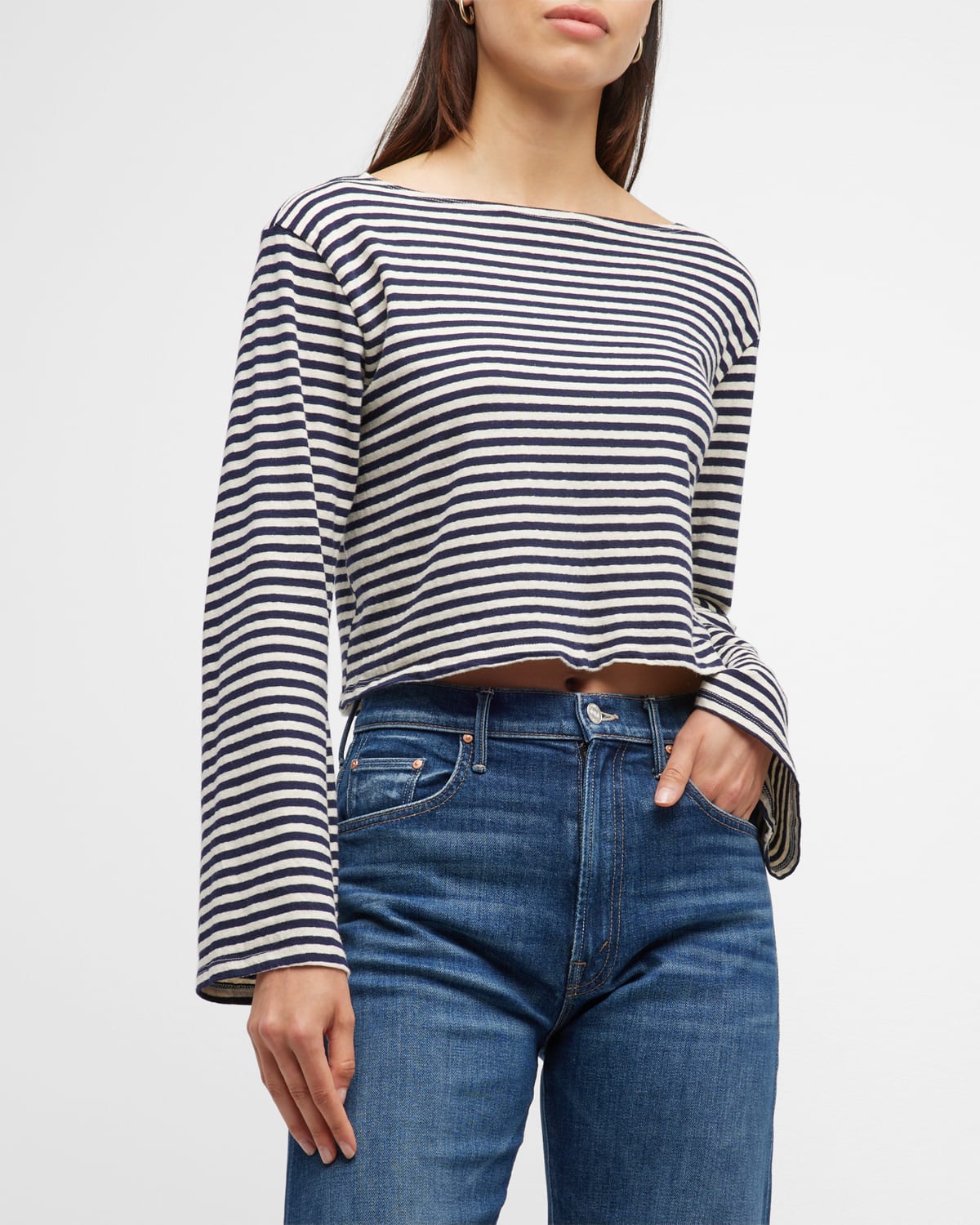 Mother The Skipper Bell Striped Top In Navy Stripe