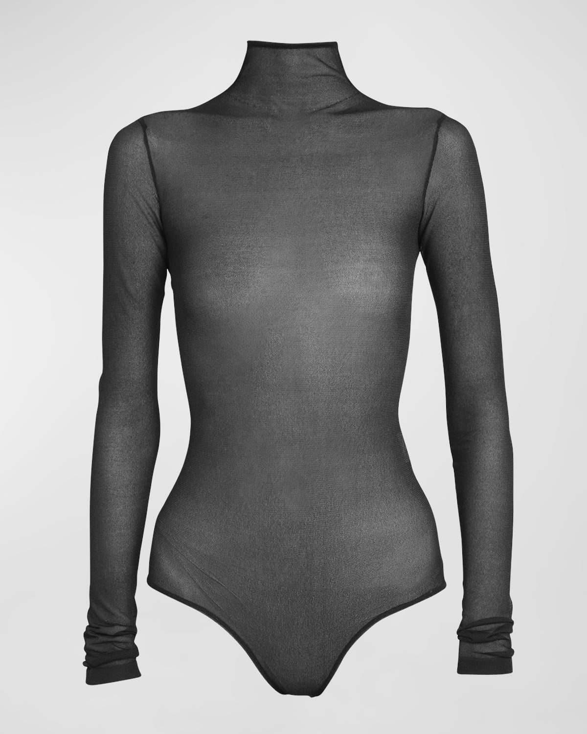 Turtleneck Long-Sleeve Sheer Silk Crepe Knit Bodysuit