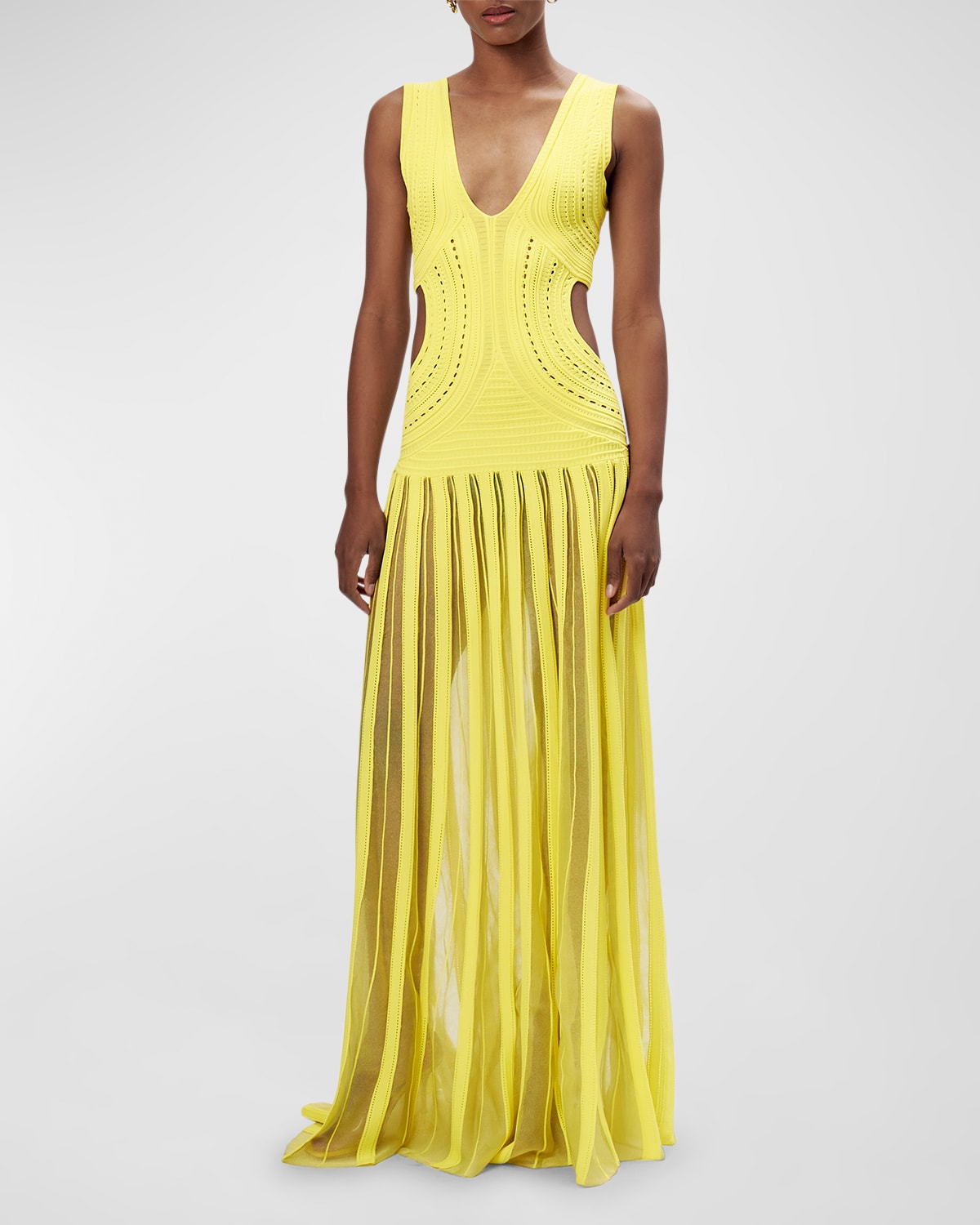 RONNY KOBO ASA RIBBED POINTELLE CUTOUT SLEEVELESS MAXI DRESS