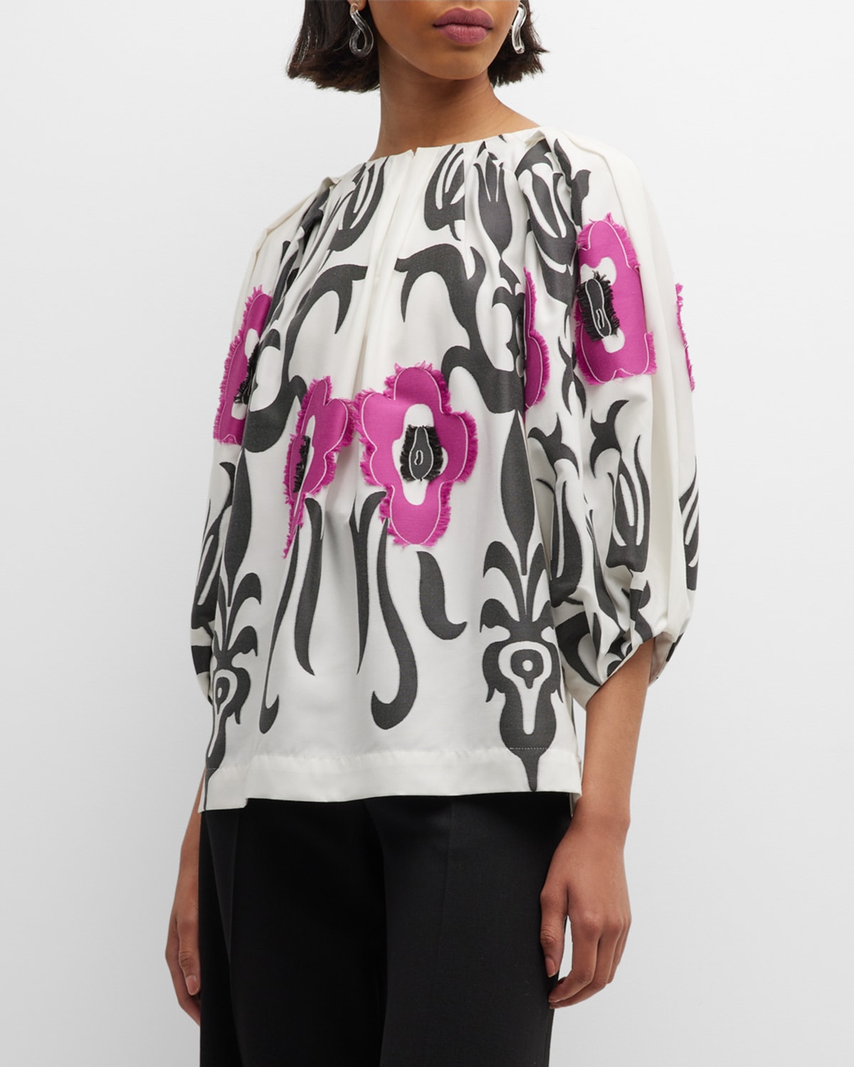 Suzani Pleated Fringe-trim Jacquard Top In White Multi