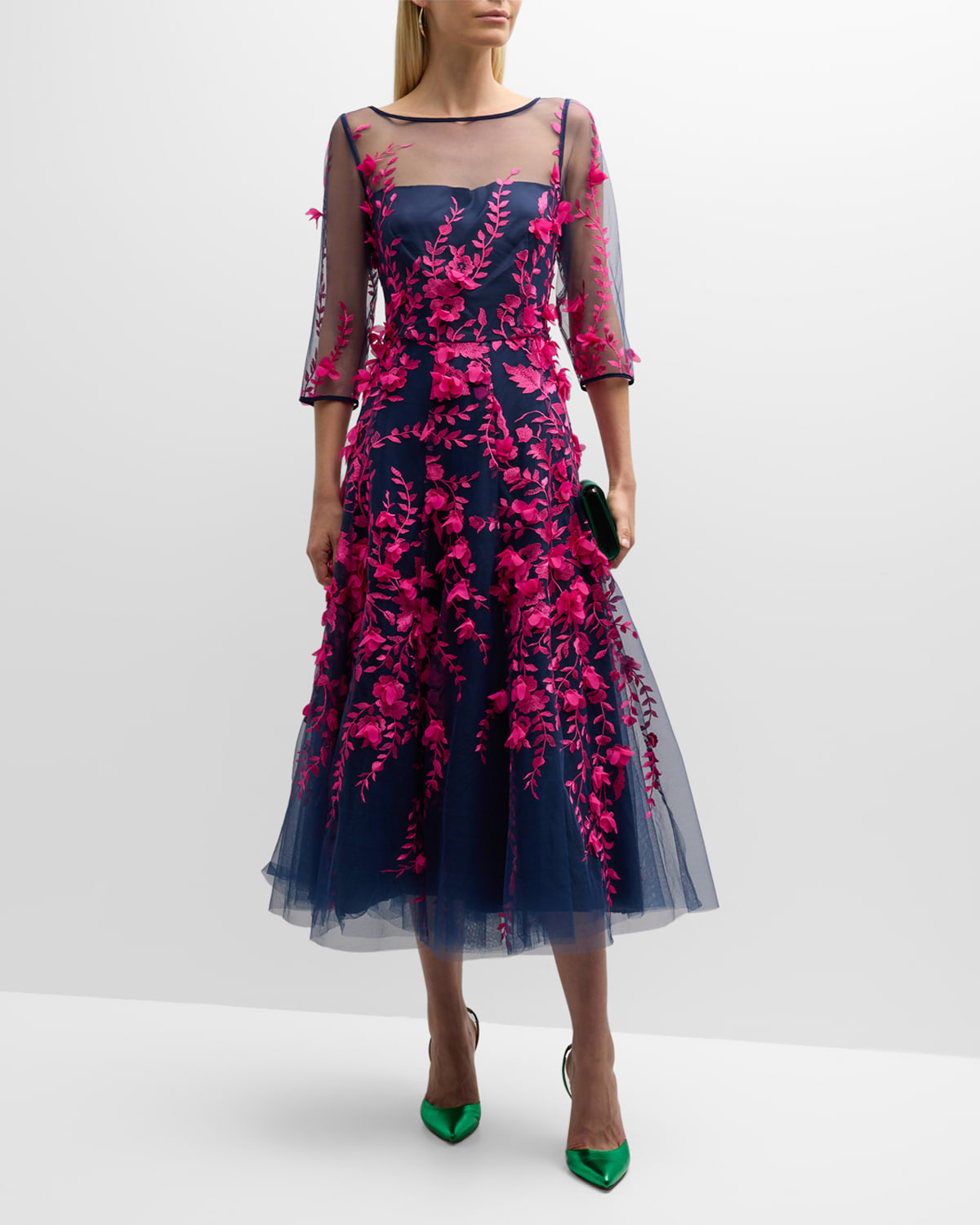 Maison Common Floral Embroidered 3/4-Sleeve Midi Tulle Illusion Dress