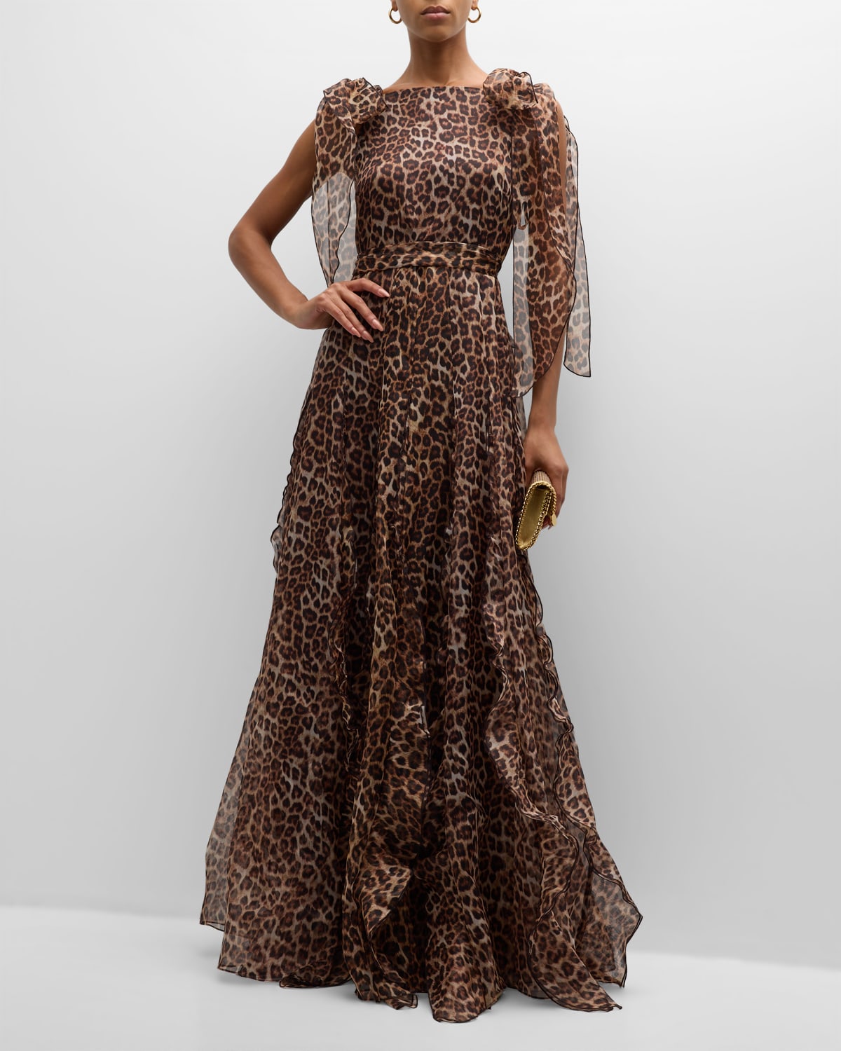 Maison Common Cheetah Print Silk Belted Gown With Shoulder Ties In Open Brown
