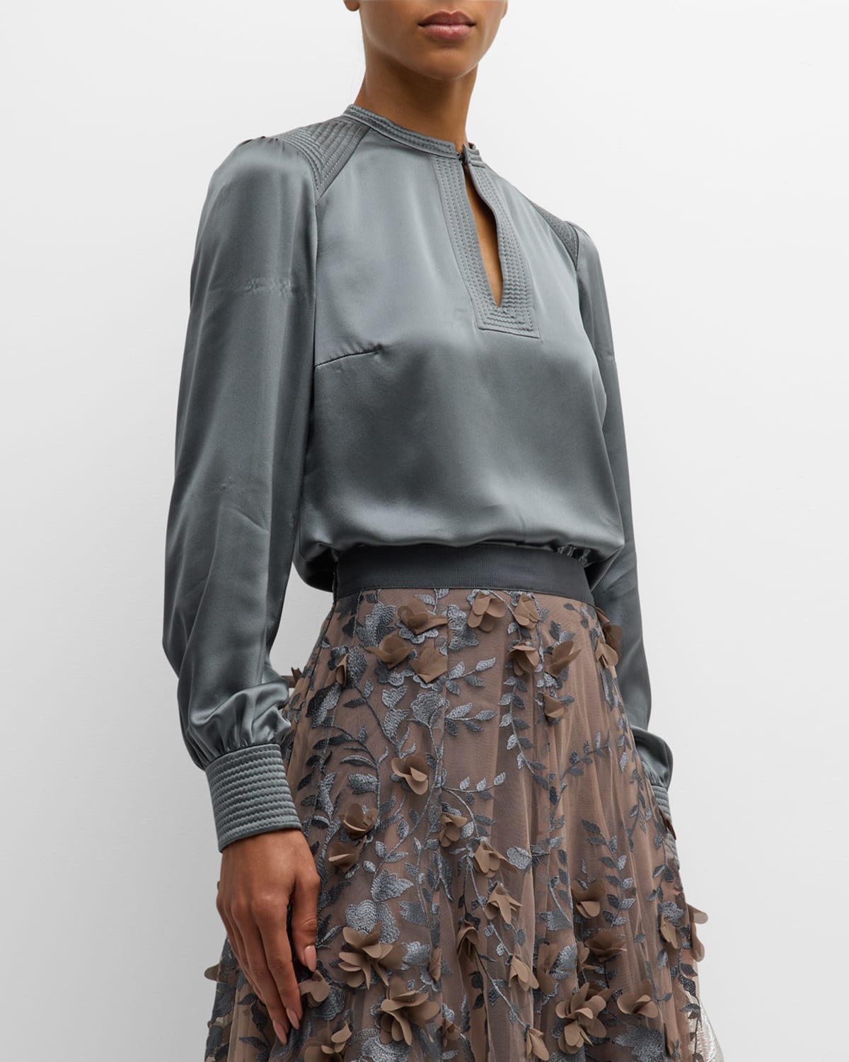 Maison Common Trapunto Keyhole Silk Blouse In Dark Grey