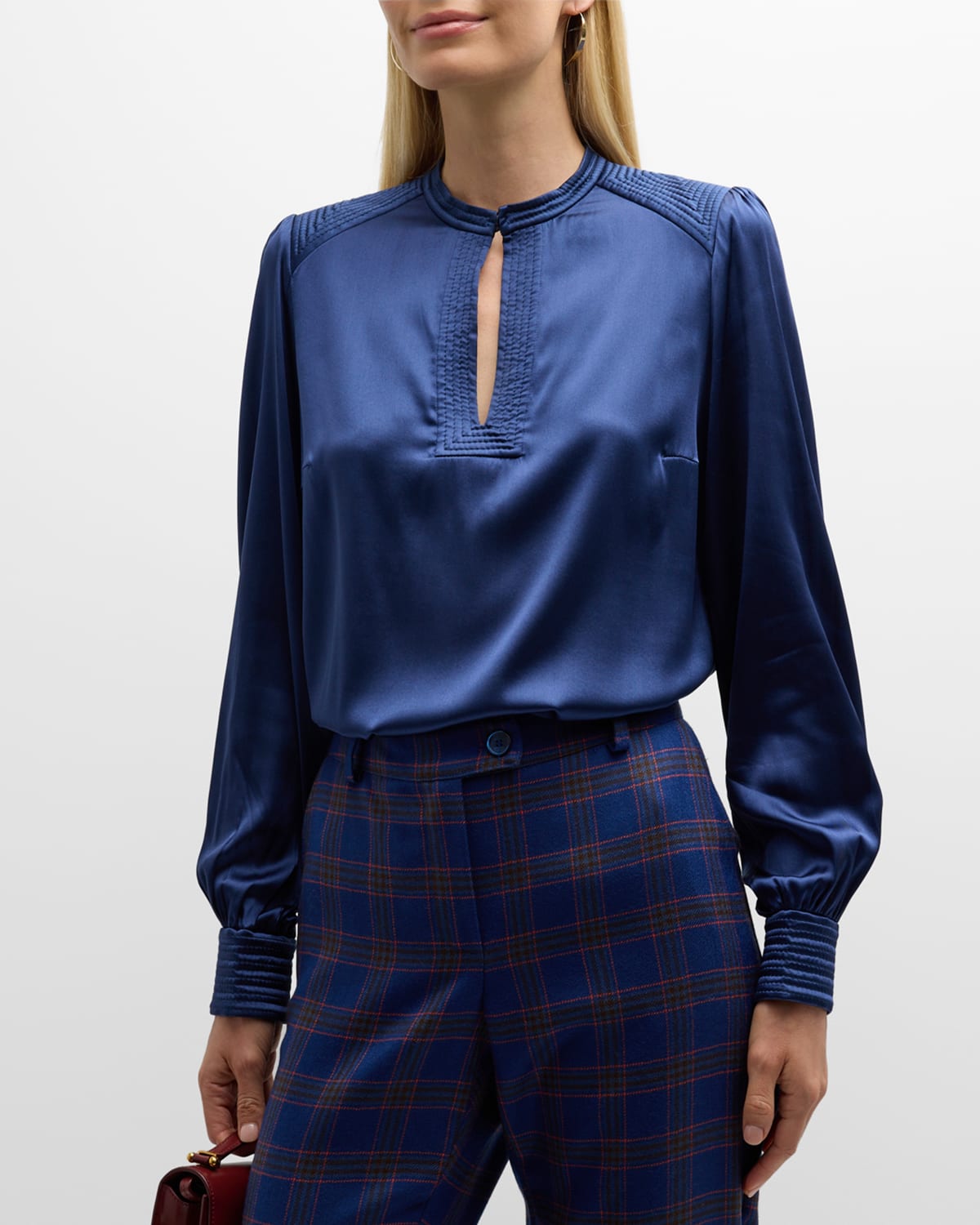 Maison Common Trapunto Keyhole Silk Blouse In Dark Blue