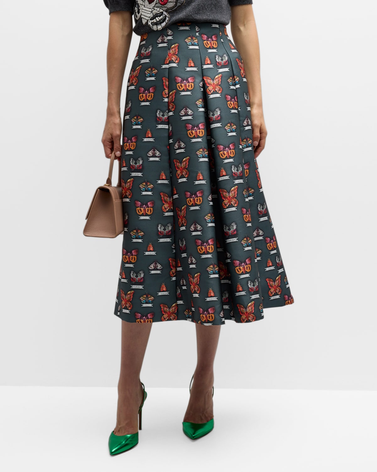 Maison Common Butterfly-Print Pleated Wool-Silk Midi Skirt