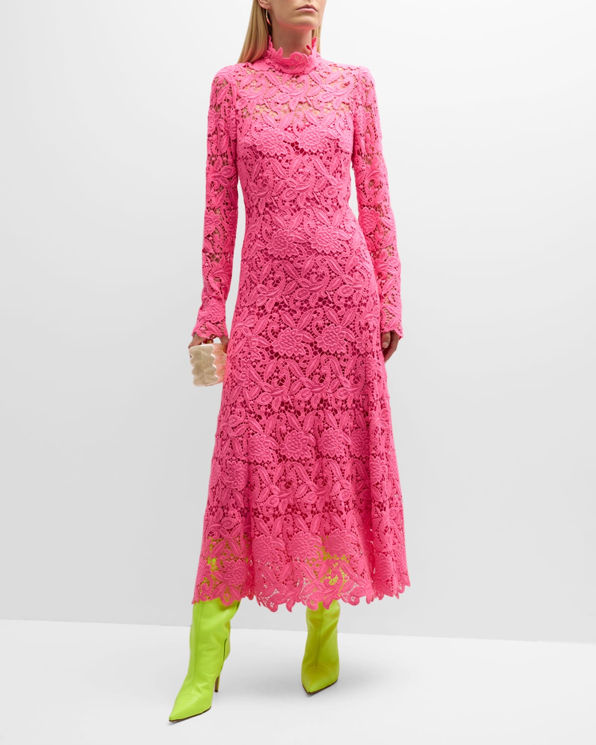 Maison Common Mock-Neck Long-Sleeve Lace Midi Dress With Slip