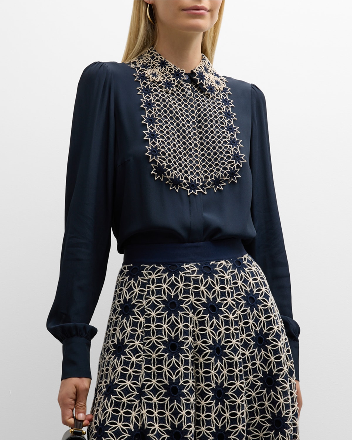 Maison Common Embroidered Long-Sleeve Blouse with Detachable Lace Collar