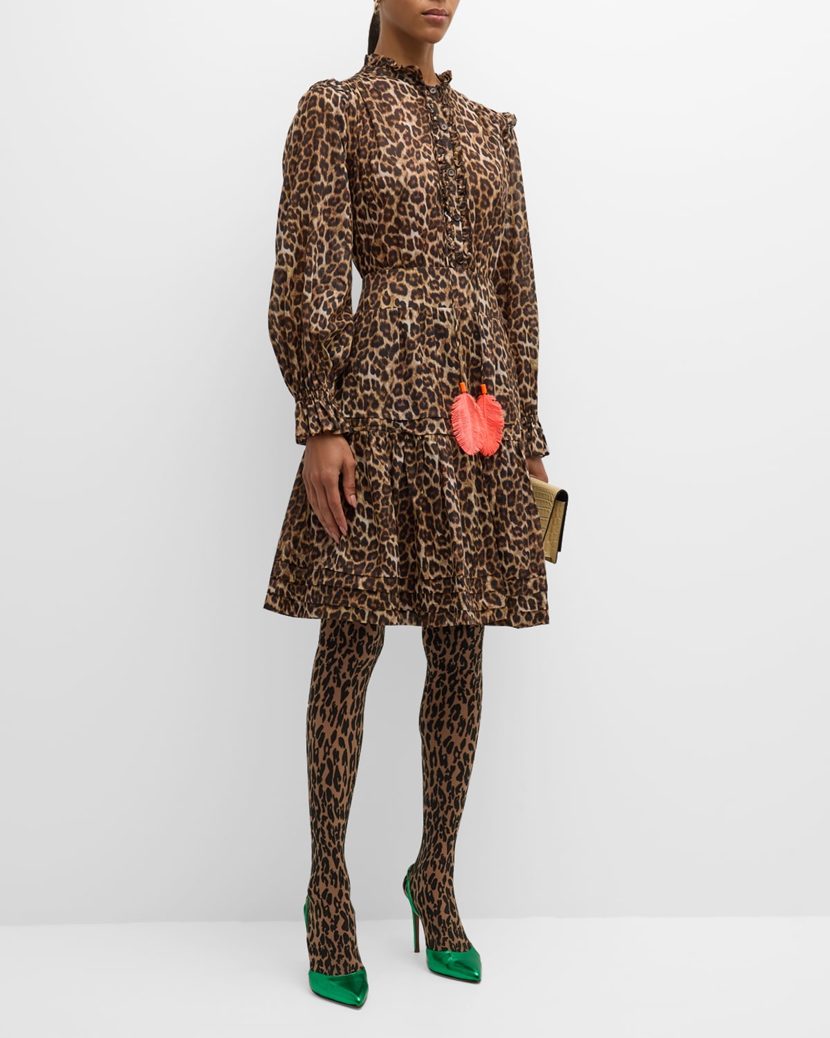 Maison Common Leopard-Print Waist-Tie Tiered Midi Shirtdress