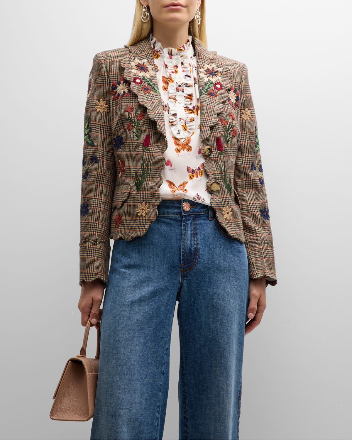 Maison Common Floral Embroidered Plaid Scalloped Single-Breasted Blazer Jacket
