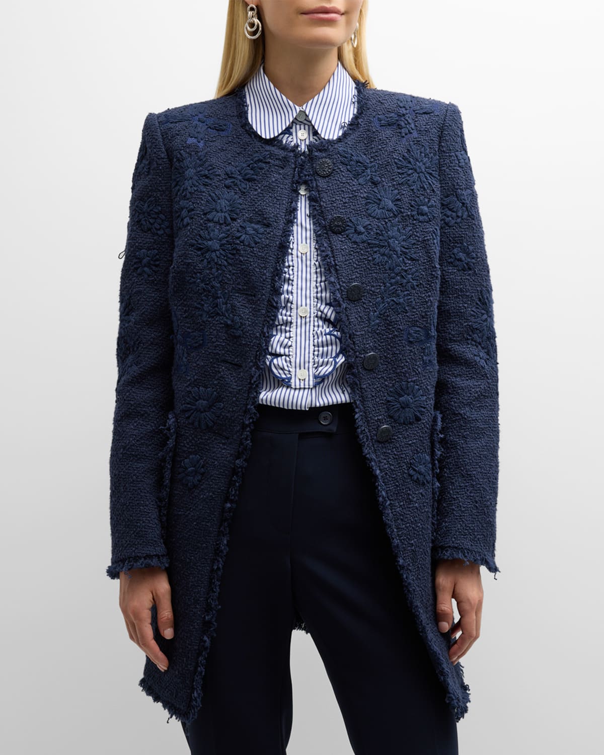 Maison Common Floral Embroidered Fringe-Edge Long Tweed Jacket