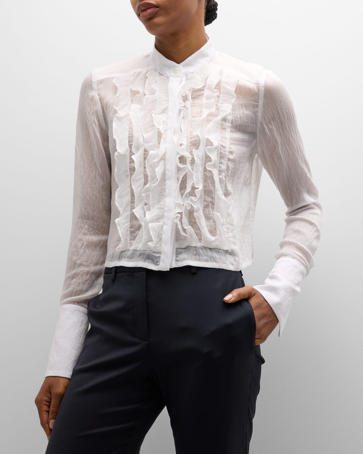 Ruffle Bib Mandarin-Collar Organza Top