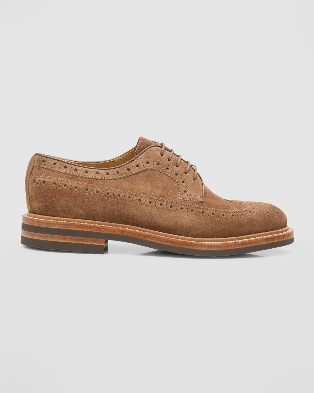 Shop Brunello Cucinelli Men's Suede Wingtip Brogue Derby Shoes In Chestnut