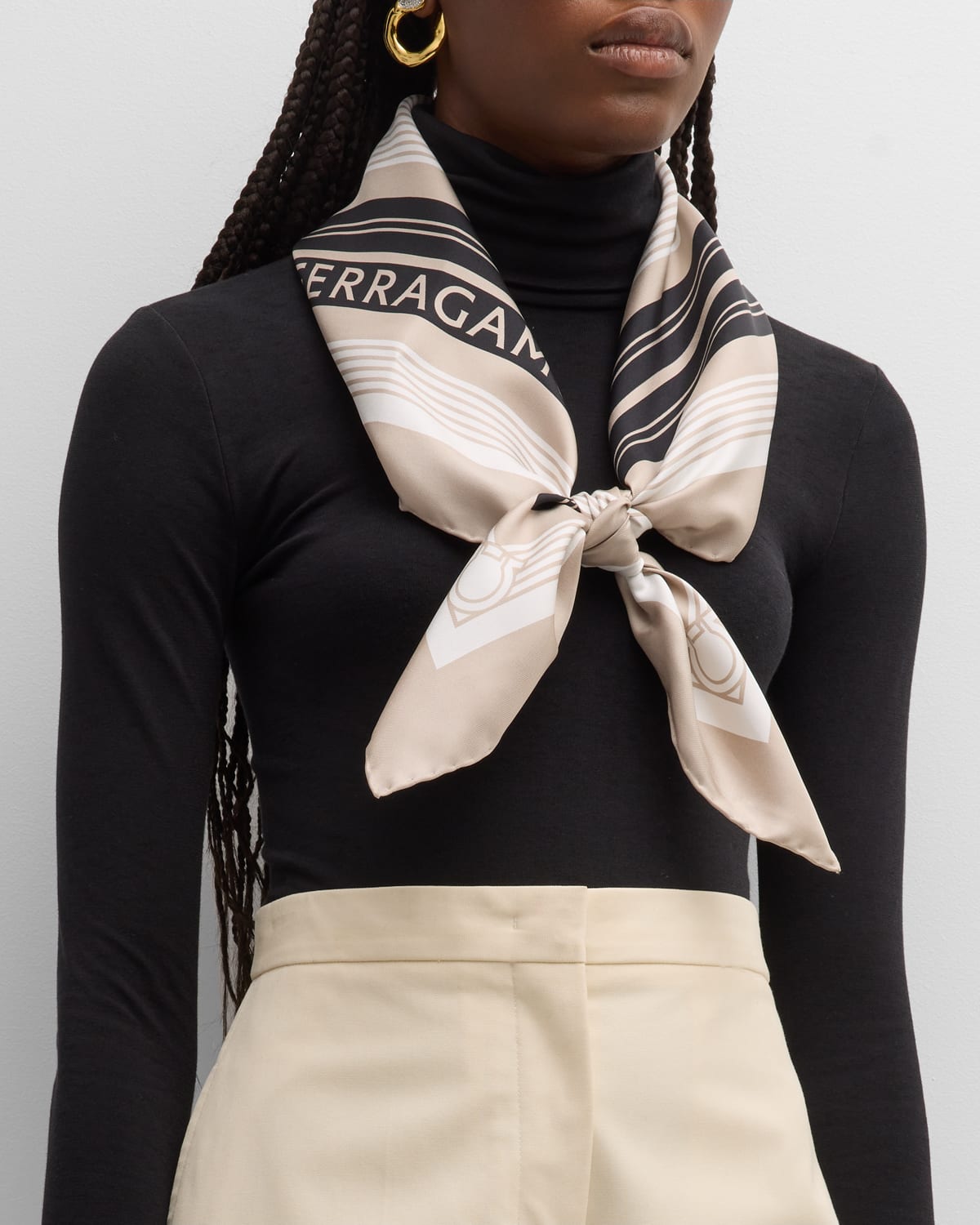 Ferragamo Geometric Silk Square Scarf In Beige Black White