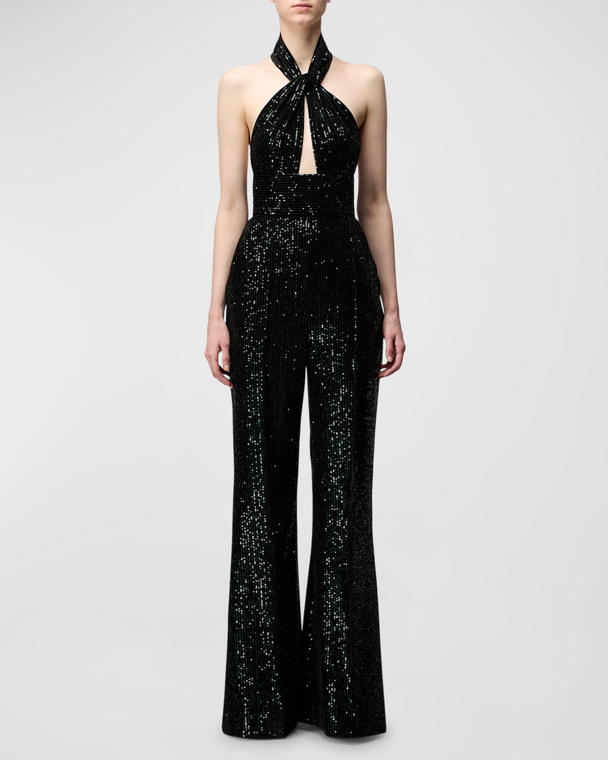 ELIE SAAB SEQUINED VELVET TWISTED HALTER JUMPSUIT