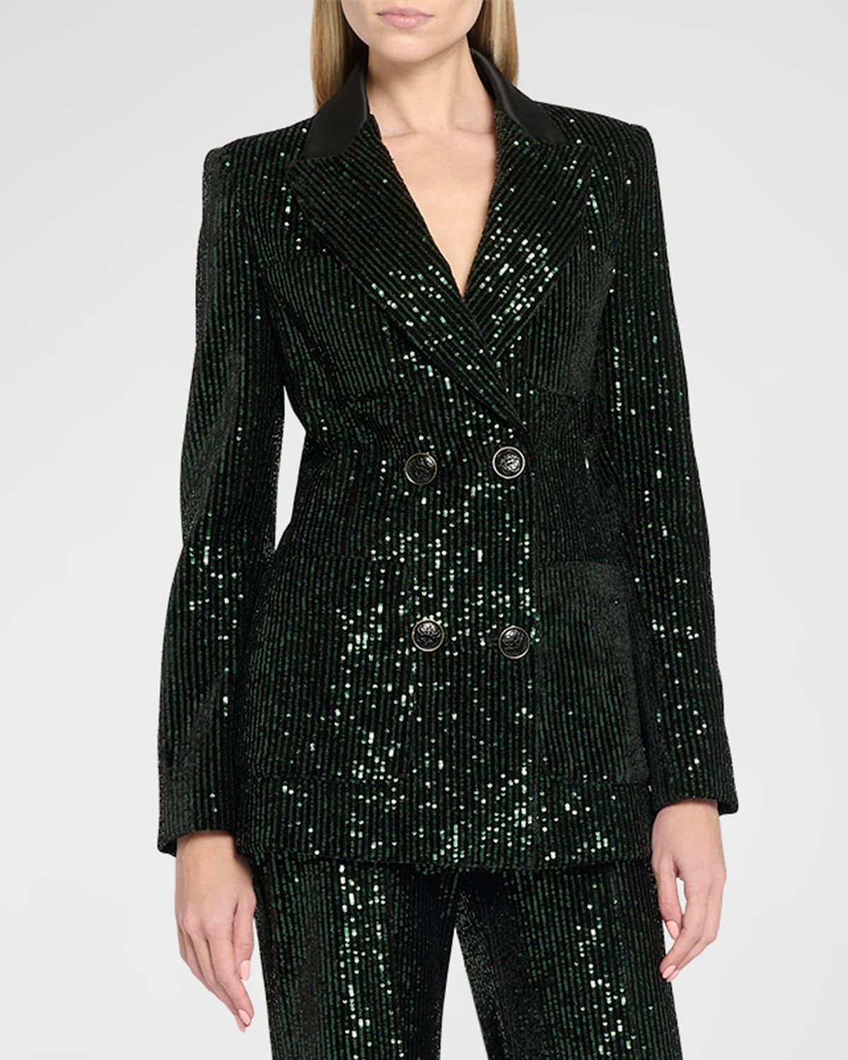 Elie Saab Sequin Pinstriped Velvet Double-breasted Blazer In Green