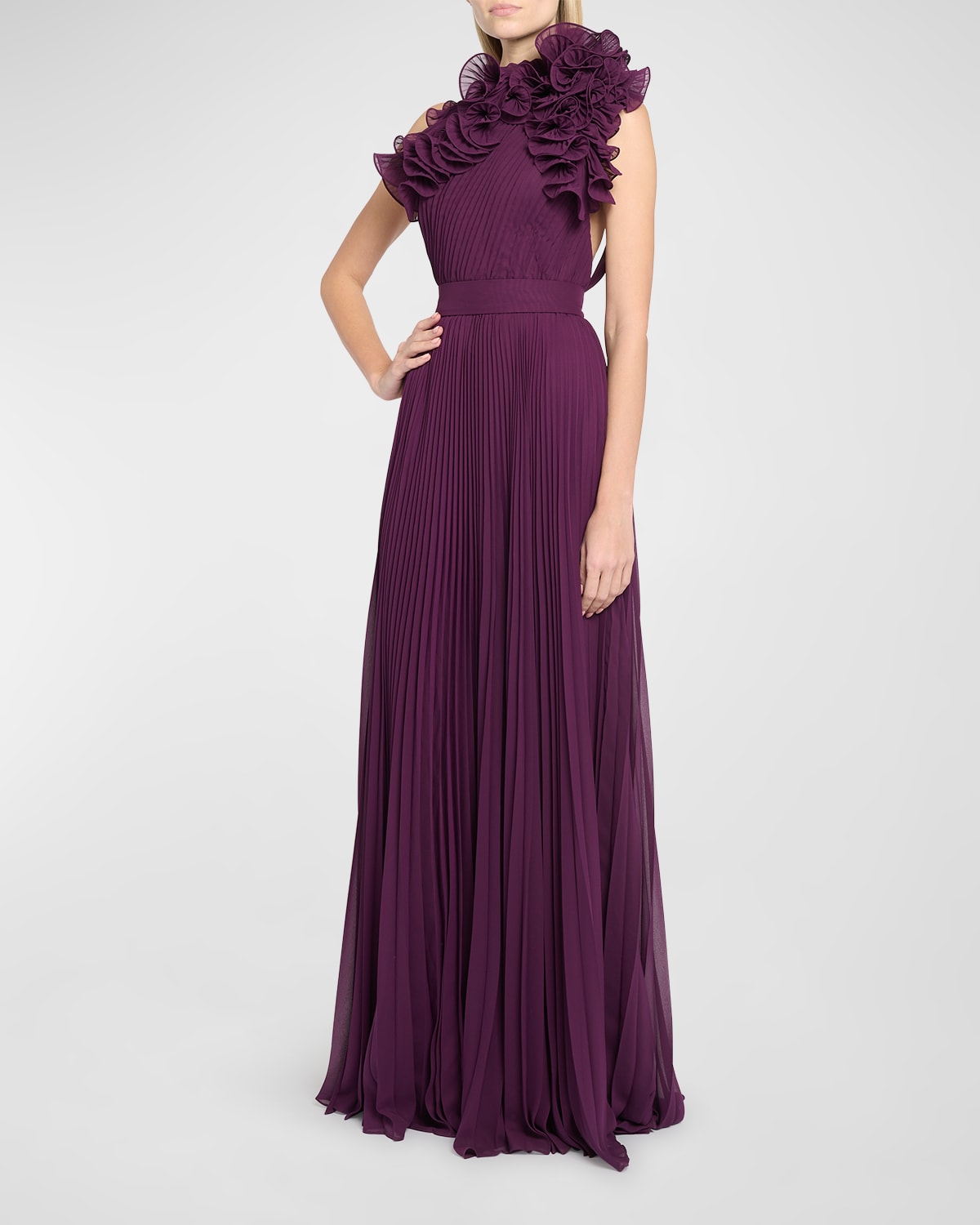 Elie Saab Rosette Ruffle One-Shoulder Pleated Georgette Gown