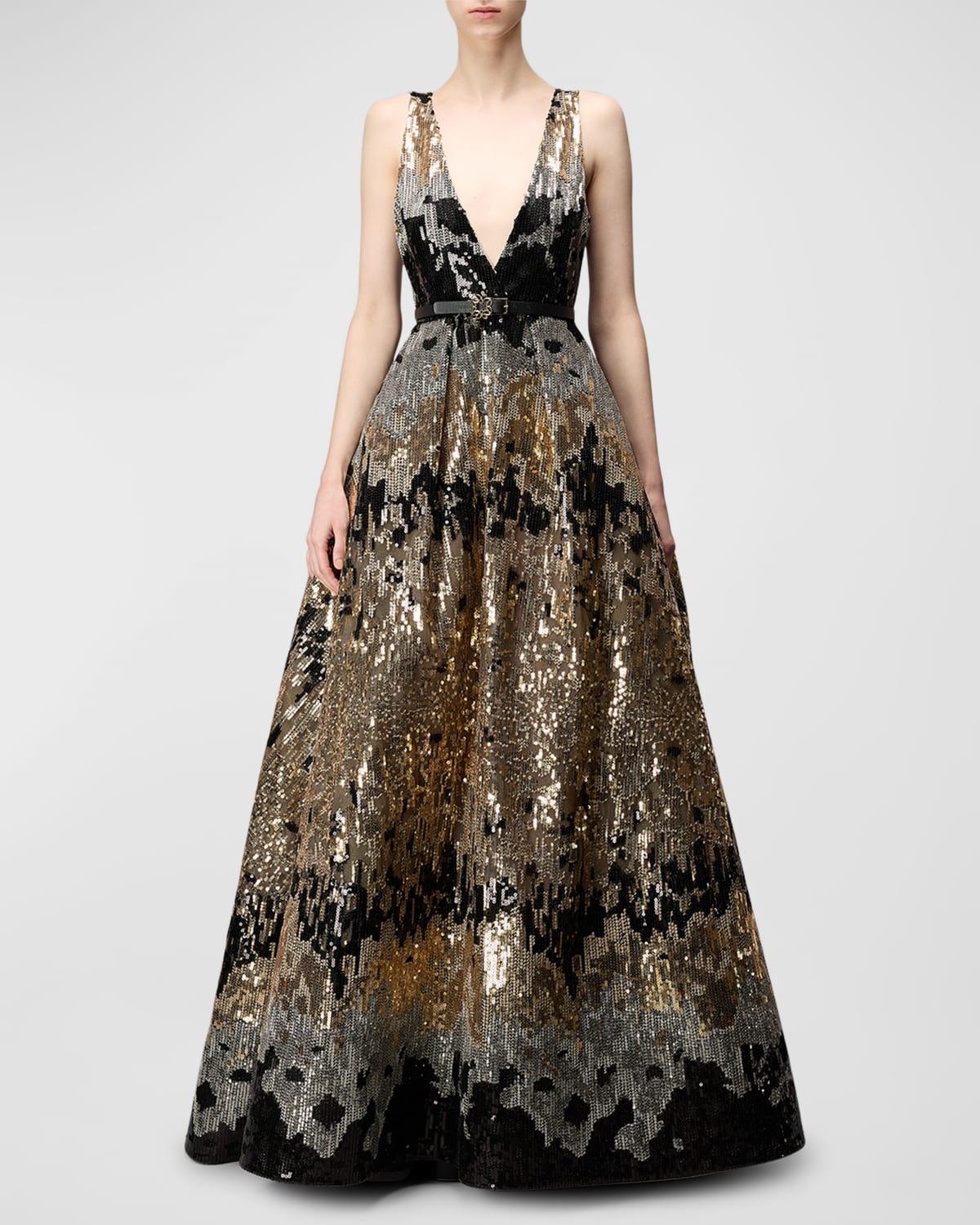 ELIE SAAB PLUNGING SEQUIN EMBROIDERED TULLE SLEEVELESS GOWN