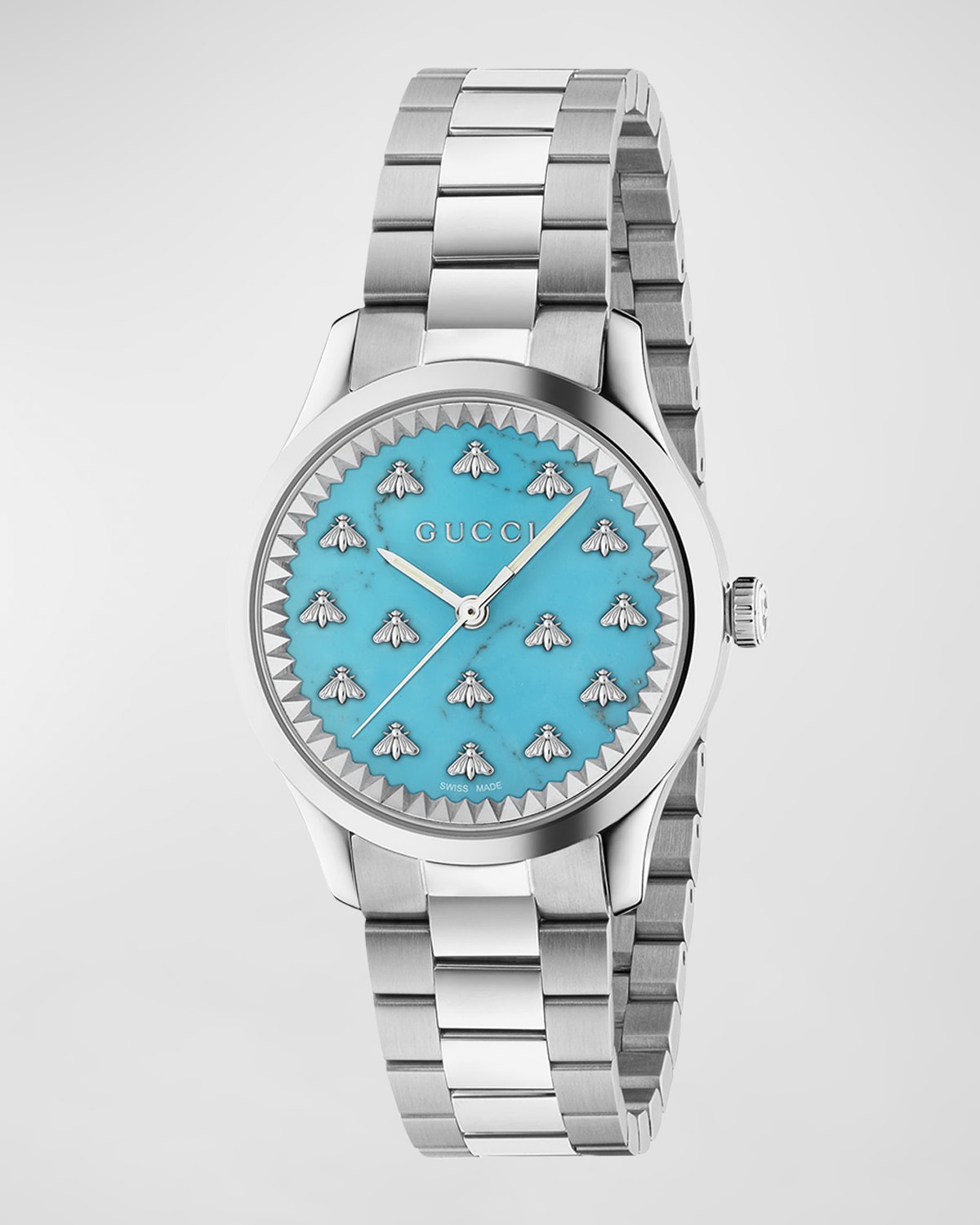 GUCCI SIGNATURE BEE AUTOMATIC BRACELET WATCH WITH TURQUOISE DIAL