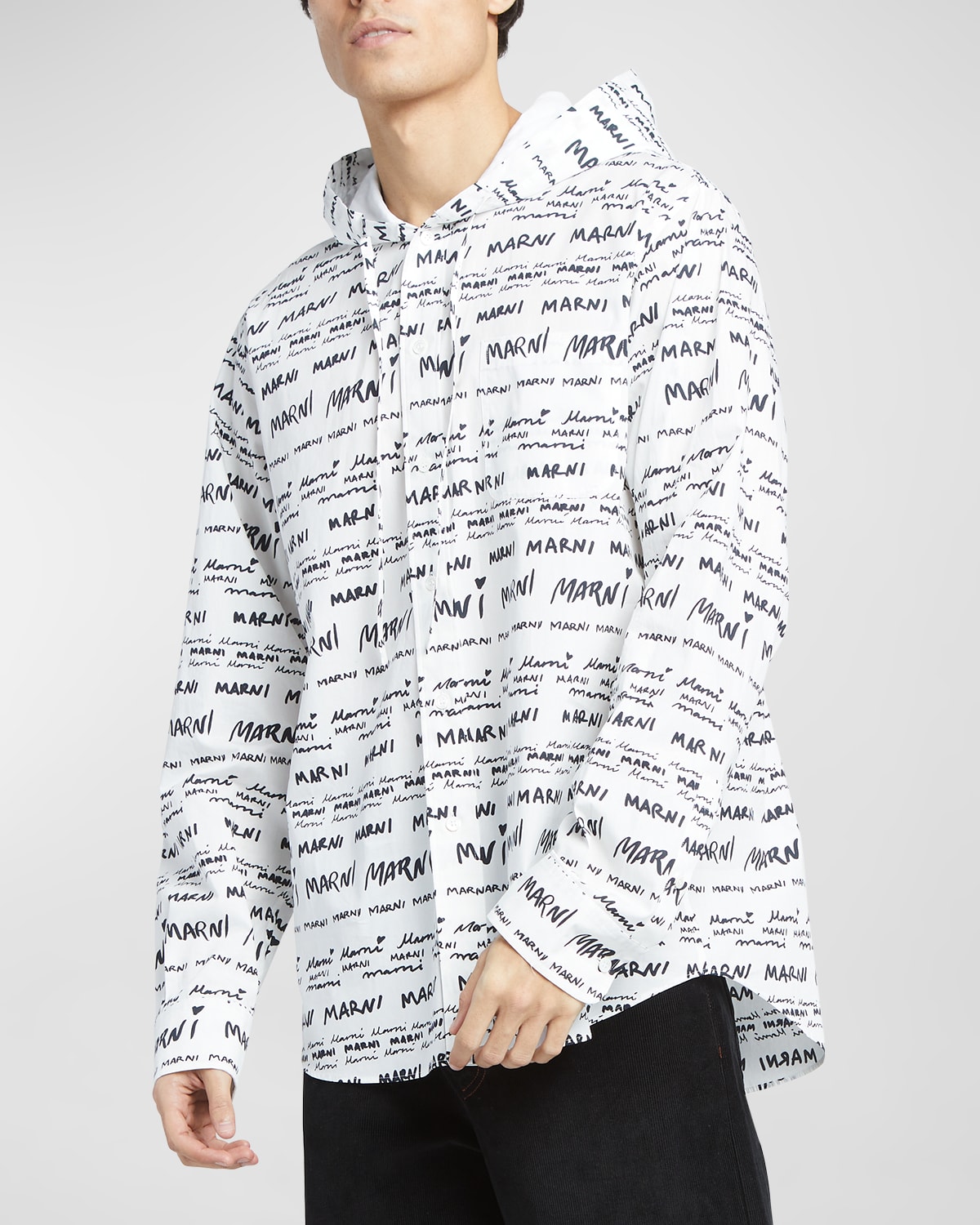 Marni Men's Allover Logo Button-front Hoodie In Lily/white