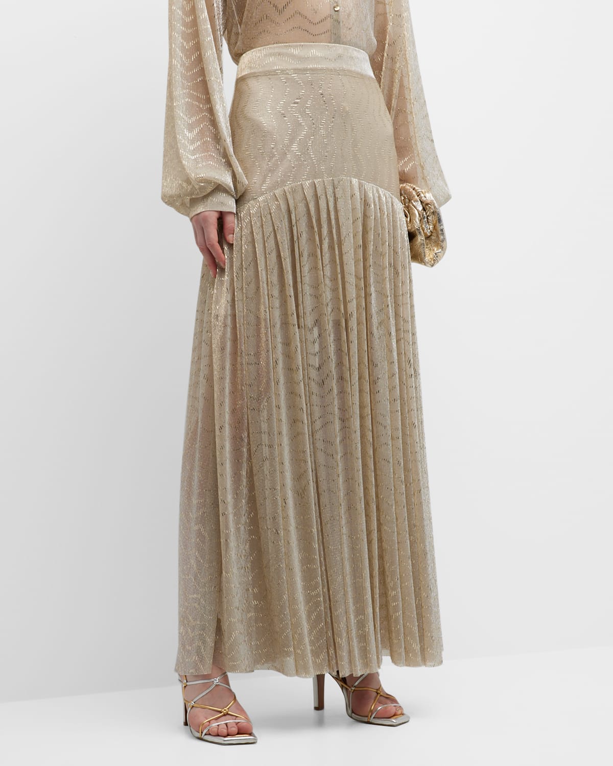 Lace The Label Pleated Metallic Chevron Maxi Skirt In Beige Beg