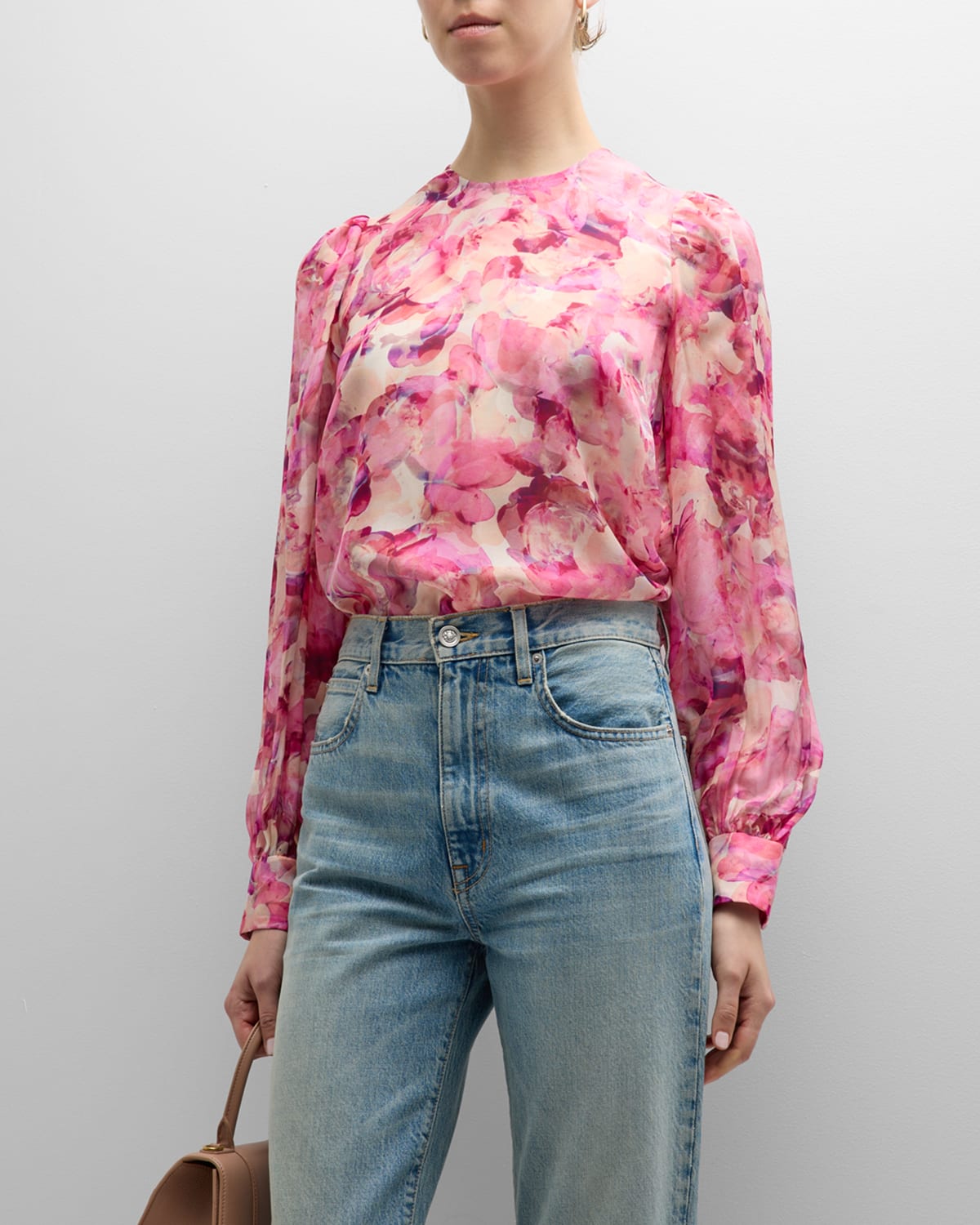 Analys Floral Silk Bishop-Sleeve Top