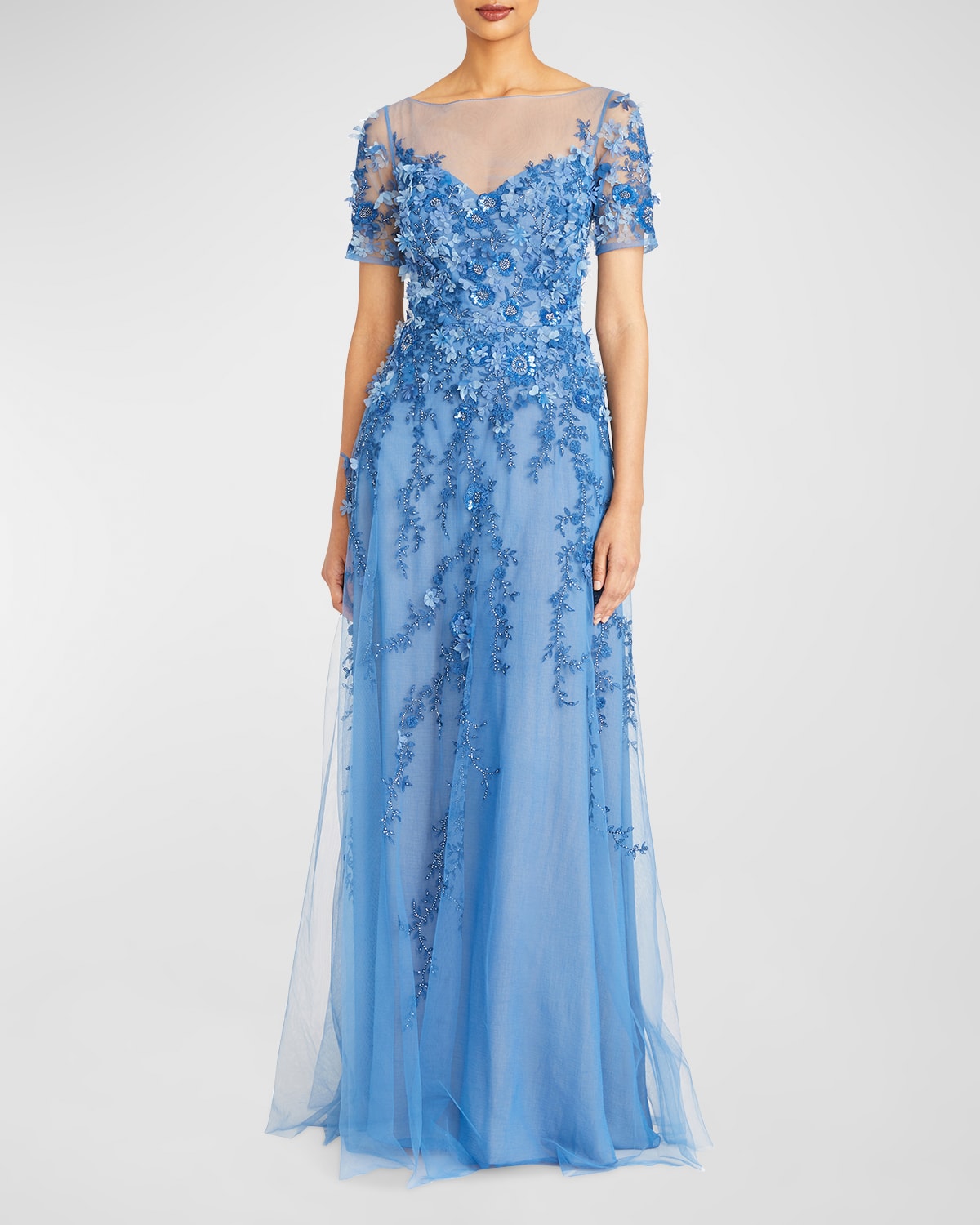 THEIA MARGARET BEADED APPLIQUE A-LINE GOWN