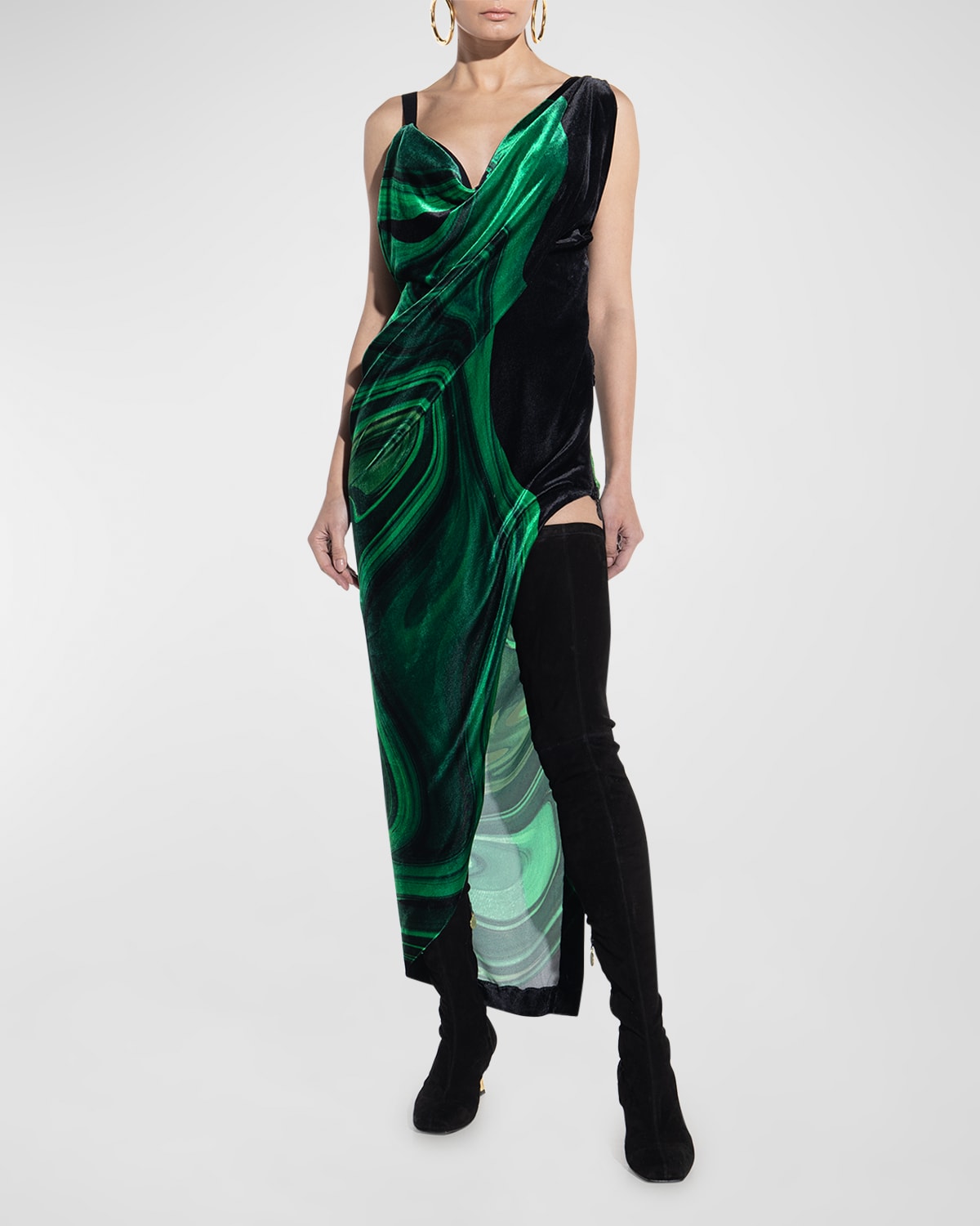 Lucy Oil-print Cowl-neck Velvet Midi Dress In Green