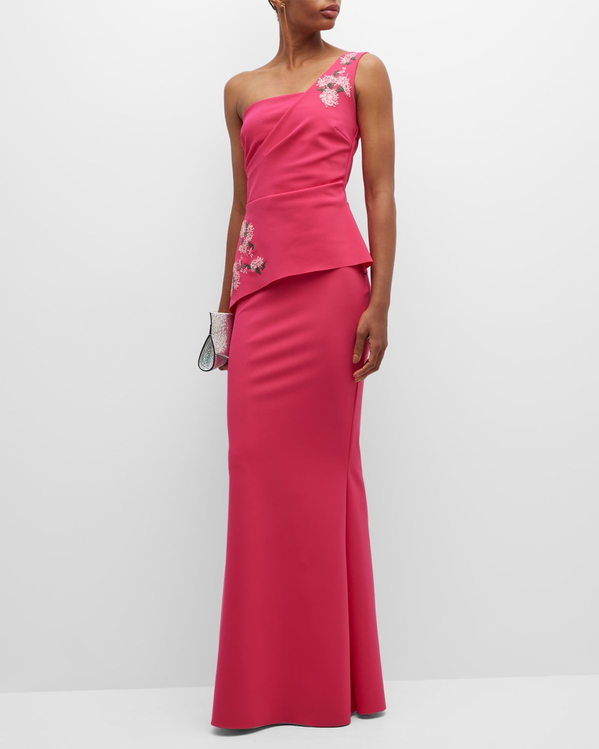 Chiara Boni La Petite Robe Sarad Embroidered One-shoulder Peplum Gown In Fuschia