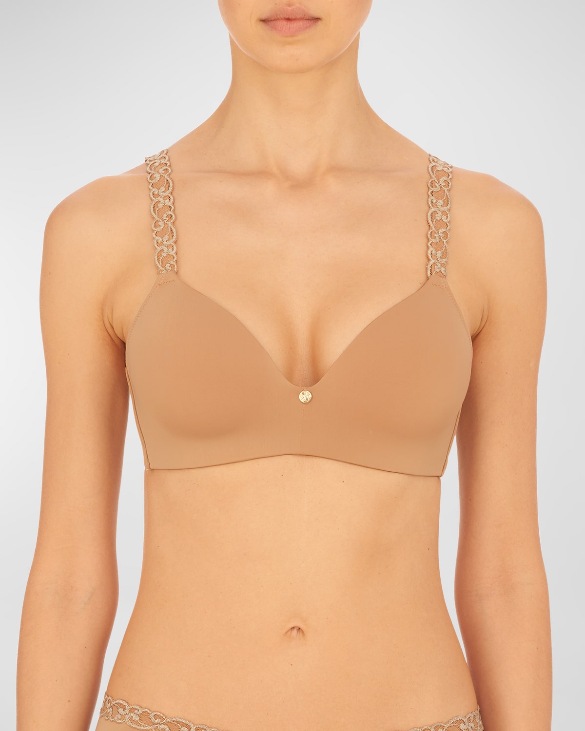 Natori Pure Luxe Lace-trim Wireless Contour Bra In Cafe