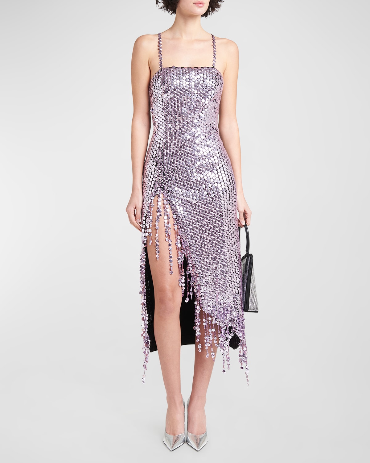 Attico Avery Embellished Square Neck Fringe Dress In Lavander