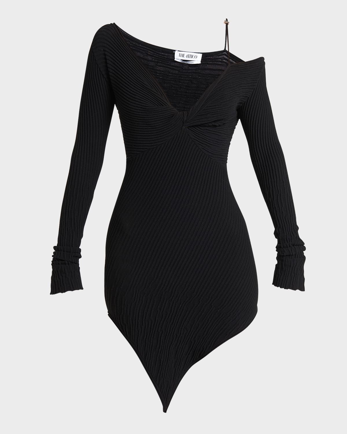 Attico Desai Twisted One-shoulder Rib Mini Dress In Black