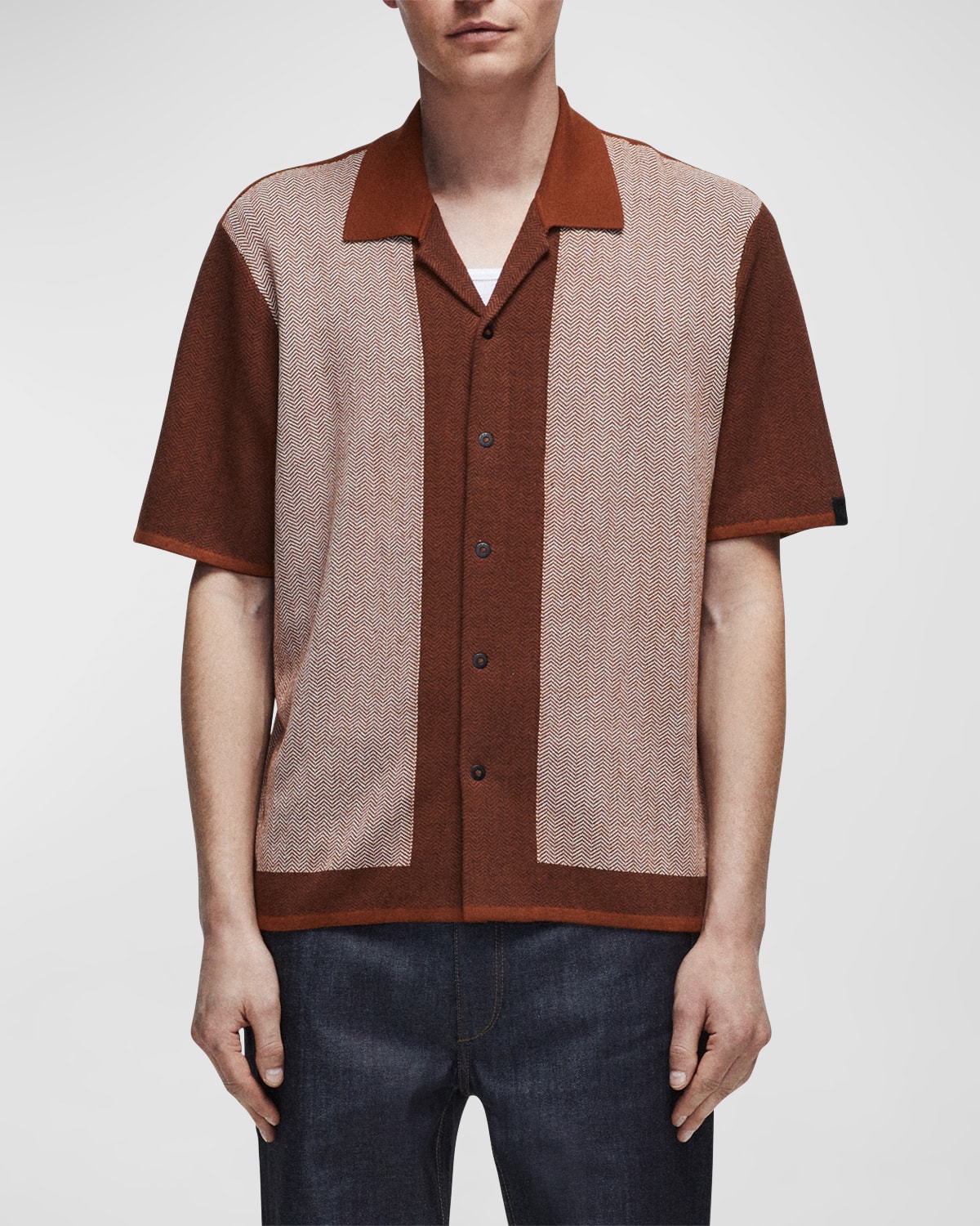 Rag & Bone Avery Camp-collar Herringbone Jacquard-knit Shirt In Brown Multi