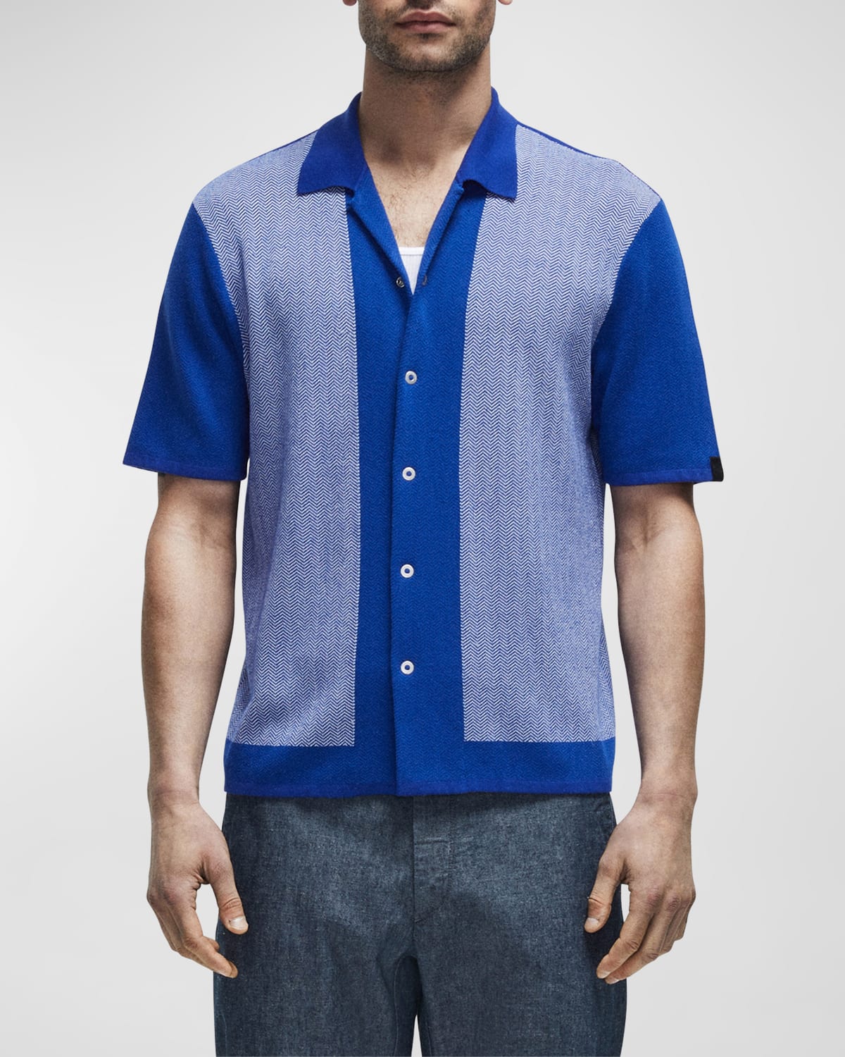Rag & Bone Avery Camp-collar Herringbone Jacquard-knit Shirt In Blue Multi