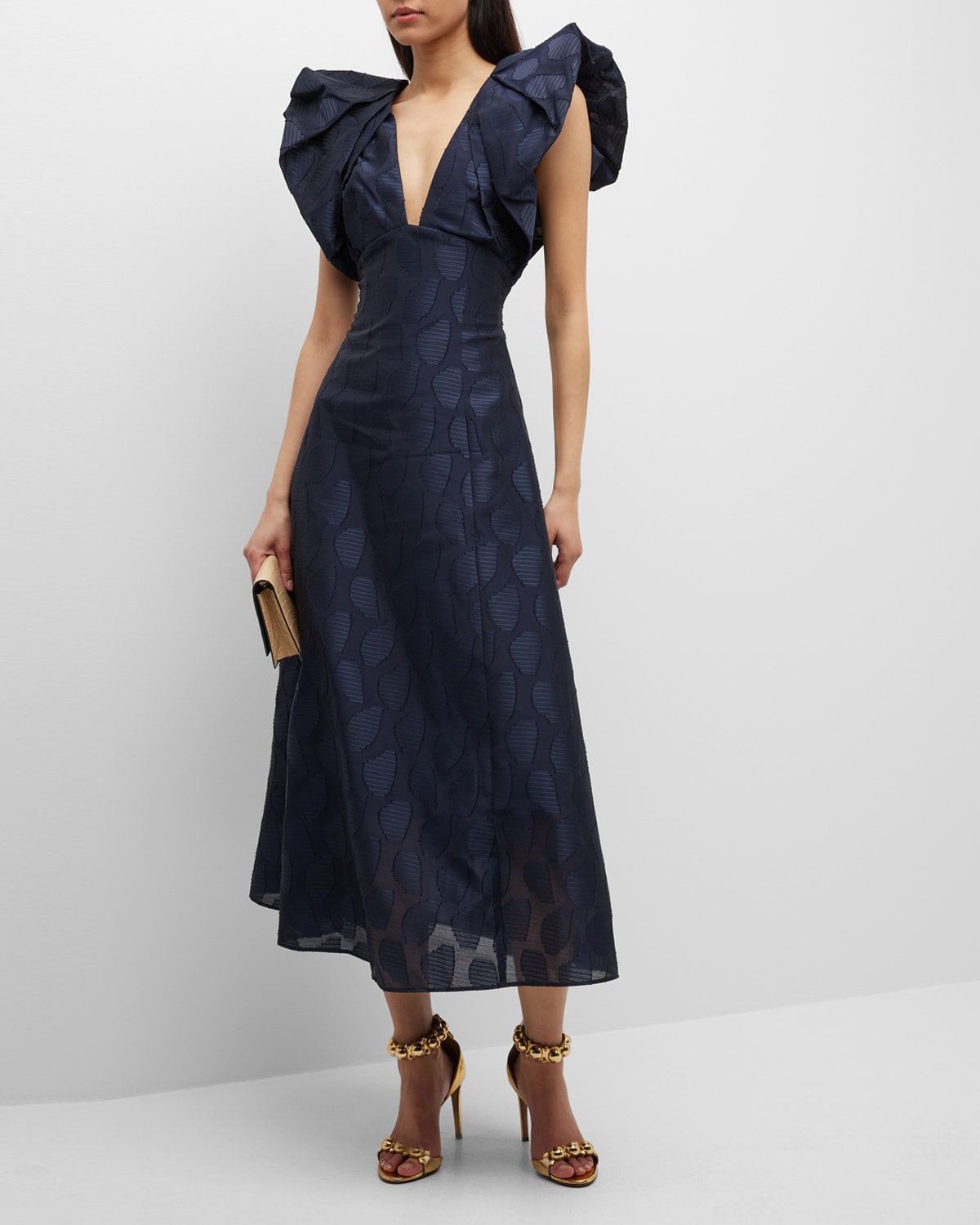 Acler Morin Puffed-sleeve A-line Midi Dress In French Navy