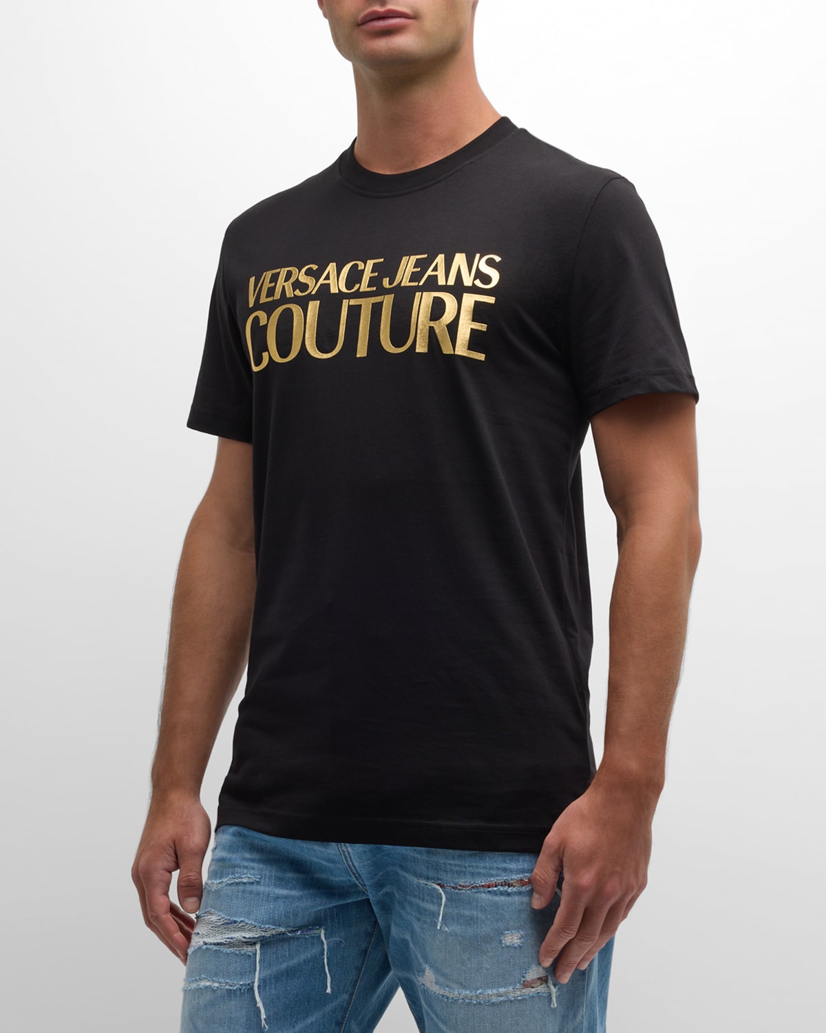 Versace Jeans Couture Men's Metallic Institutional Logo T-shirt In Black/gold