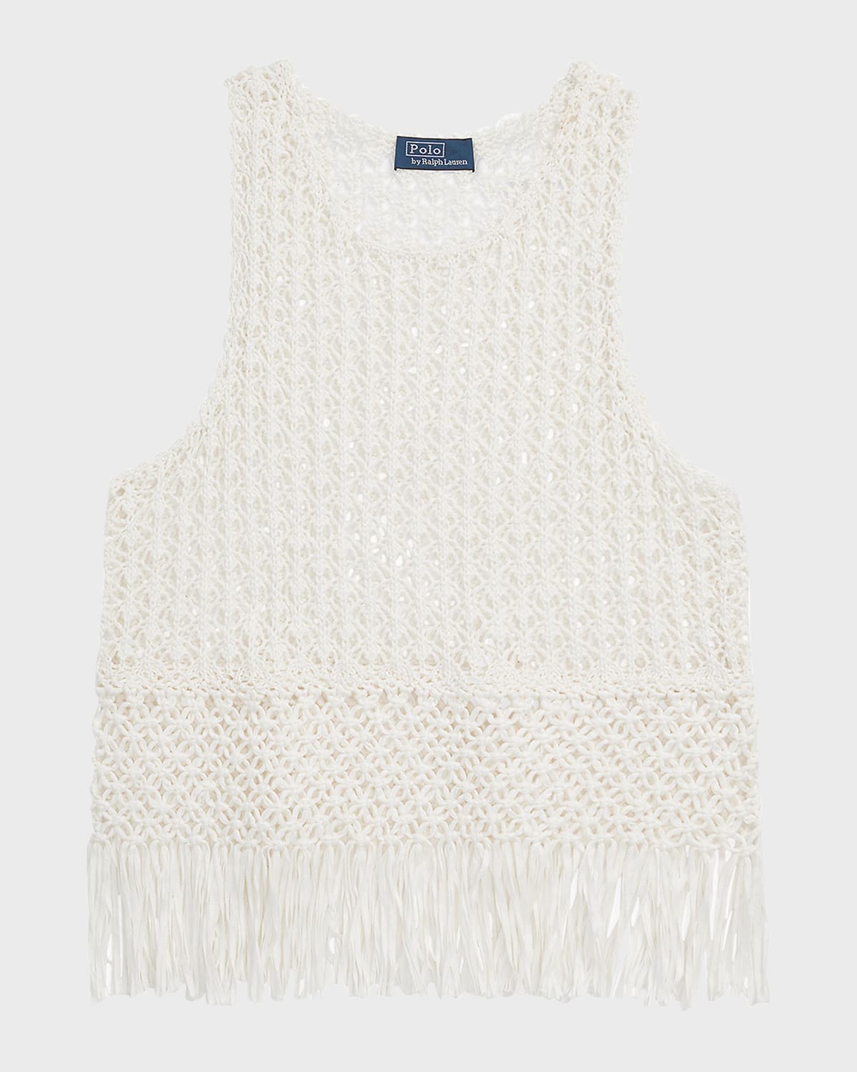 POLO RALPH LAUREN POINTELLE-KNIT MACRAME-FRINGE COTTON TOP