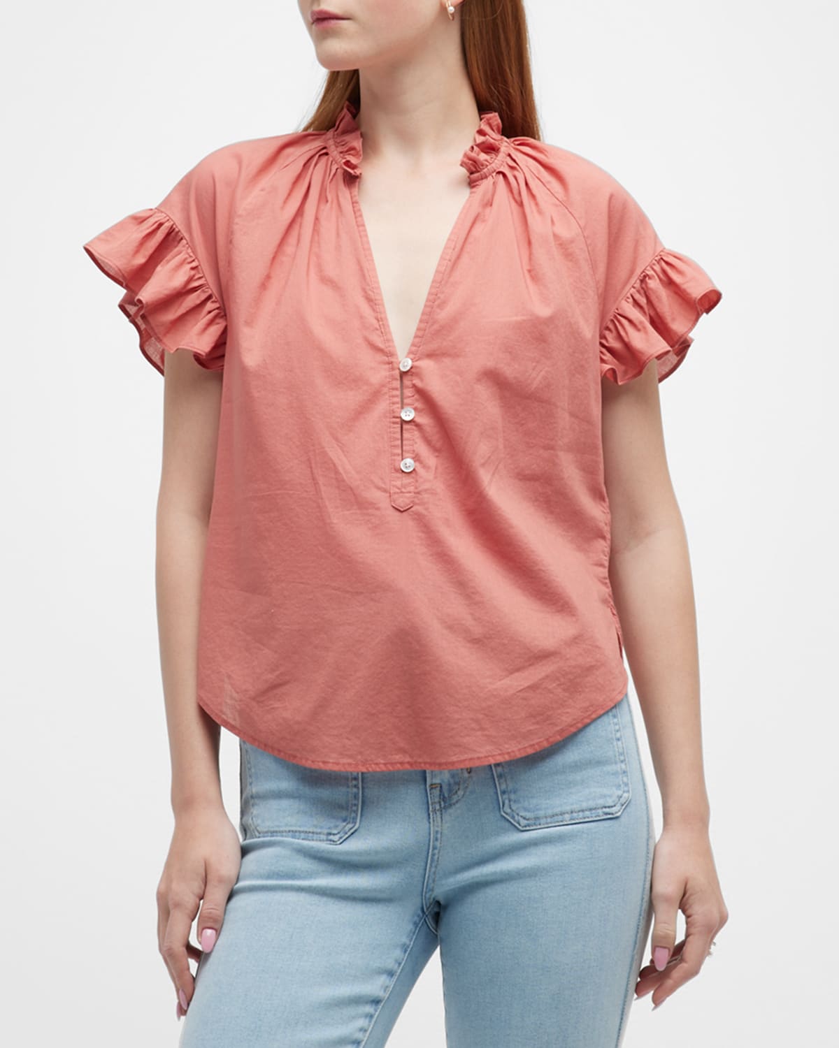 Veronica Beard Jeans Milly V-neck Ruffled Shirt In Faded Rose