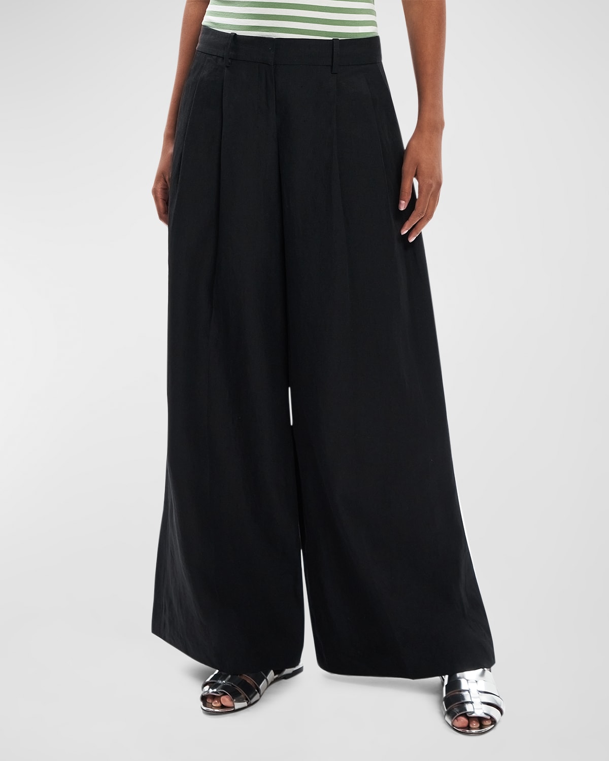 THEORY GALENA LOW-RISE PLEATED WIDE-LEG LINEN PANTS