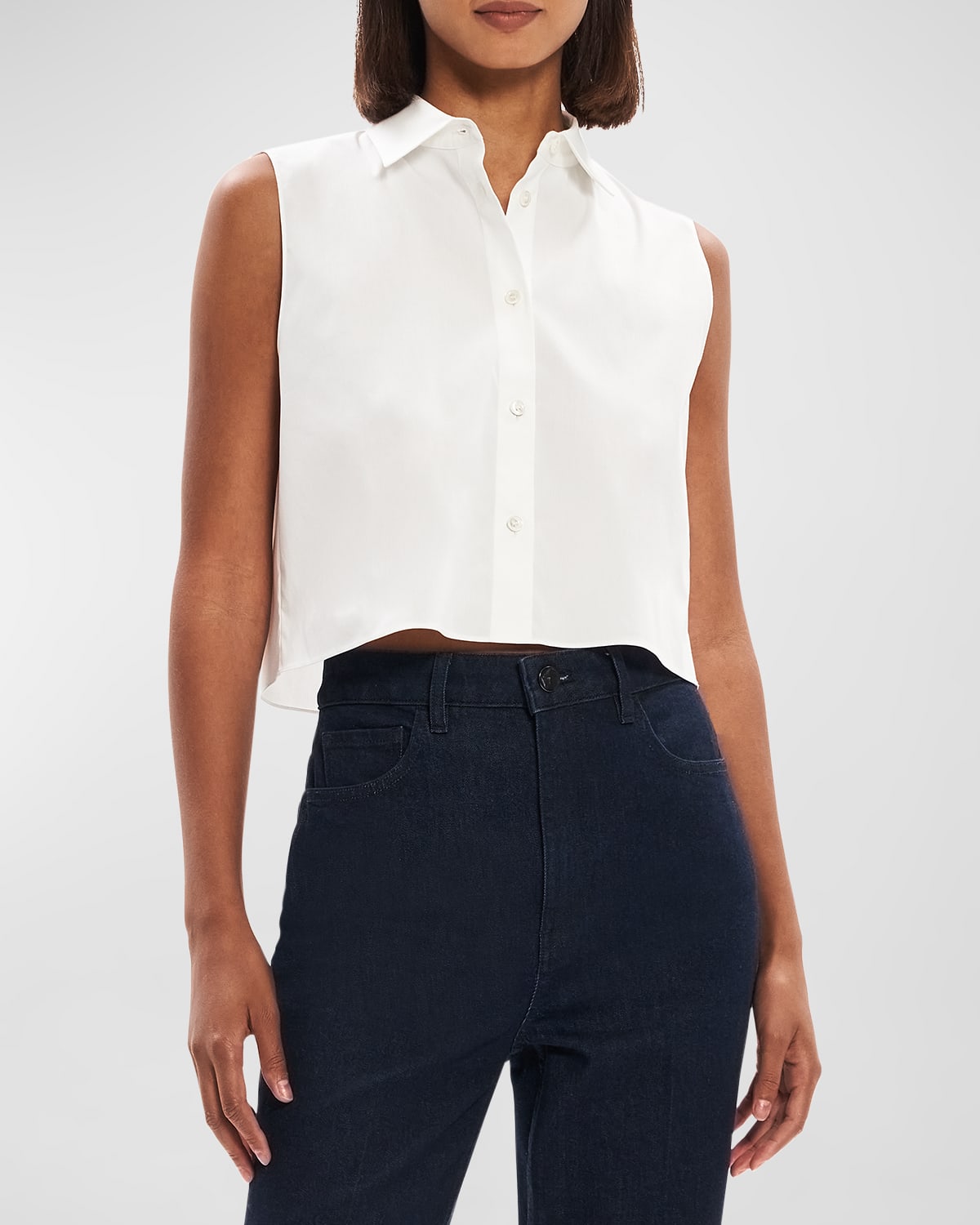 Shop Theory Cropped Sleeveless Cotton Shirt In White