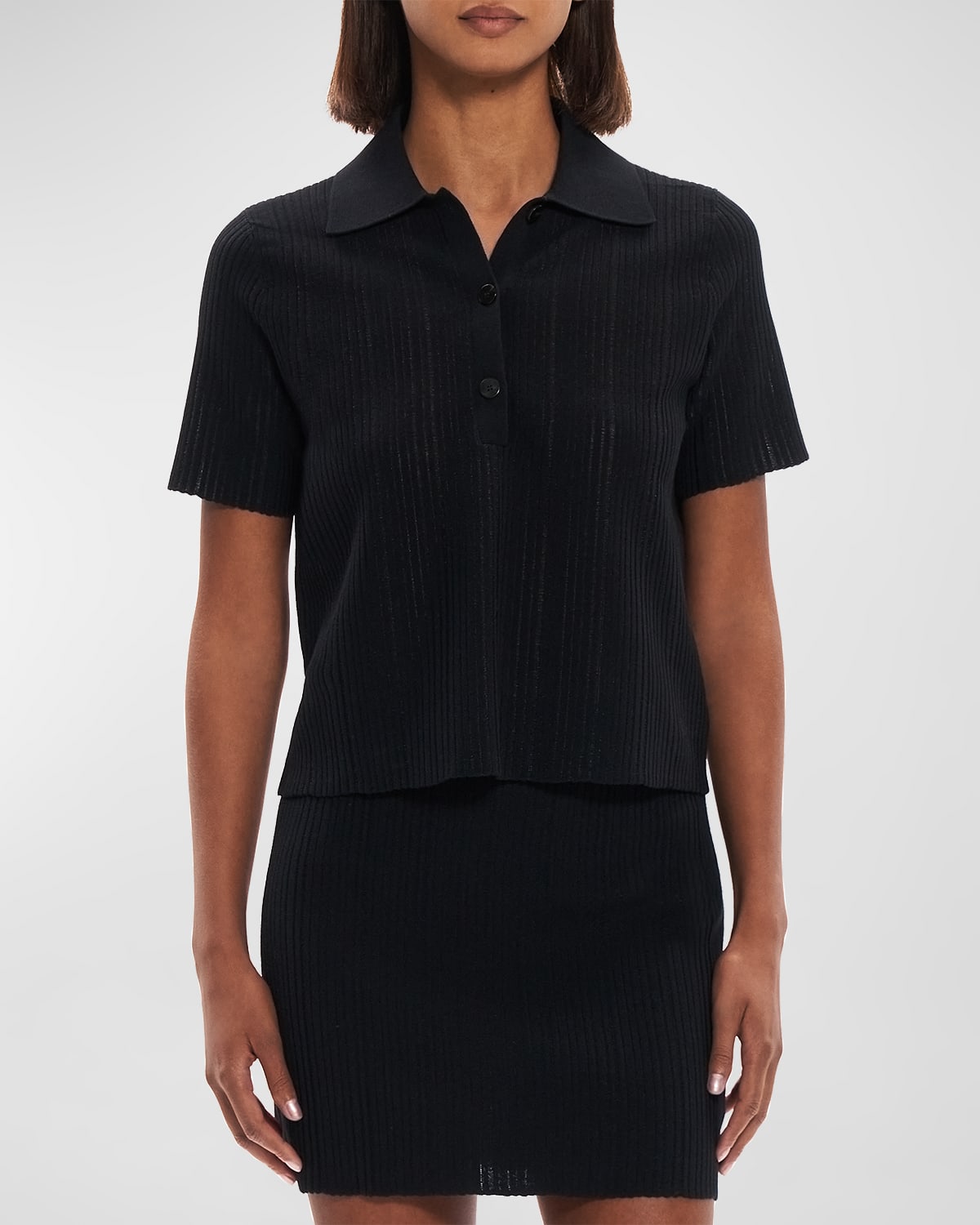 Theory Cropped Matte Cotton Jacquard Polo Shirt In Black