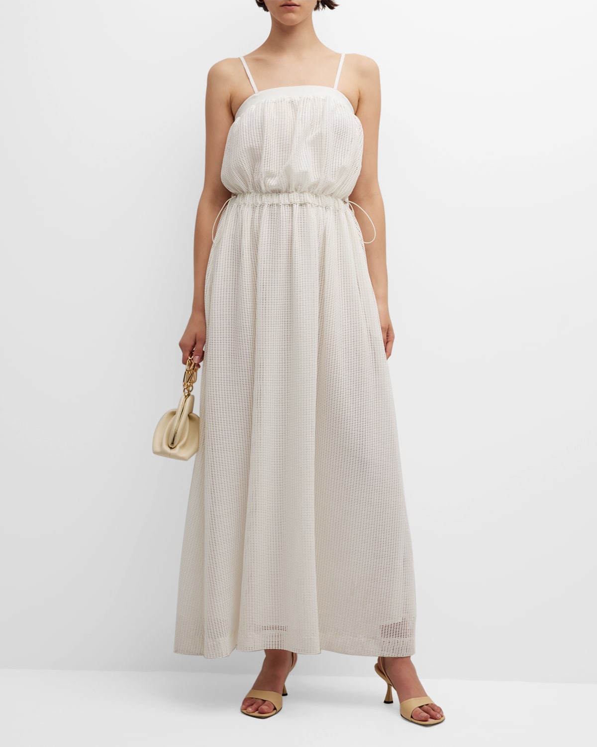 Emporio Armani Sleeveless Drawcord Mesh Maxi Dress In Warm White